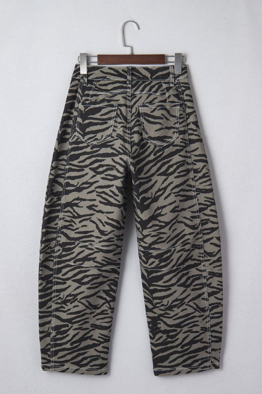 gray zebra denim flares