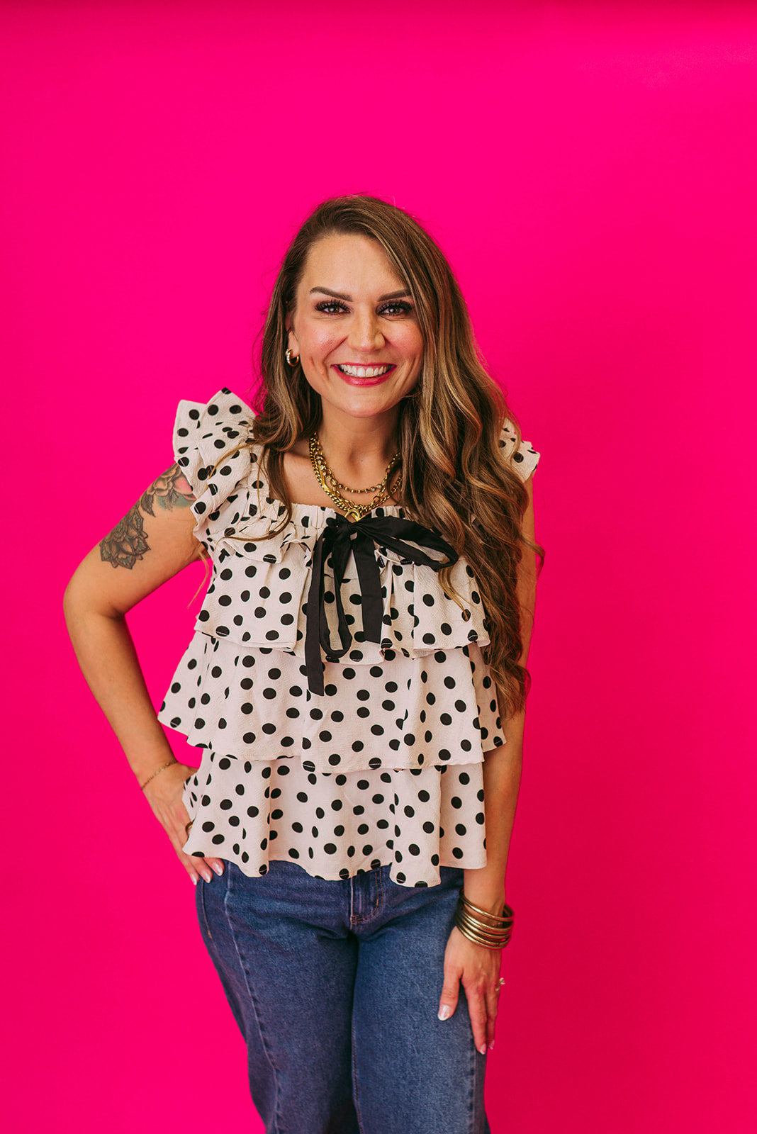 polka dot ruffled square neck top