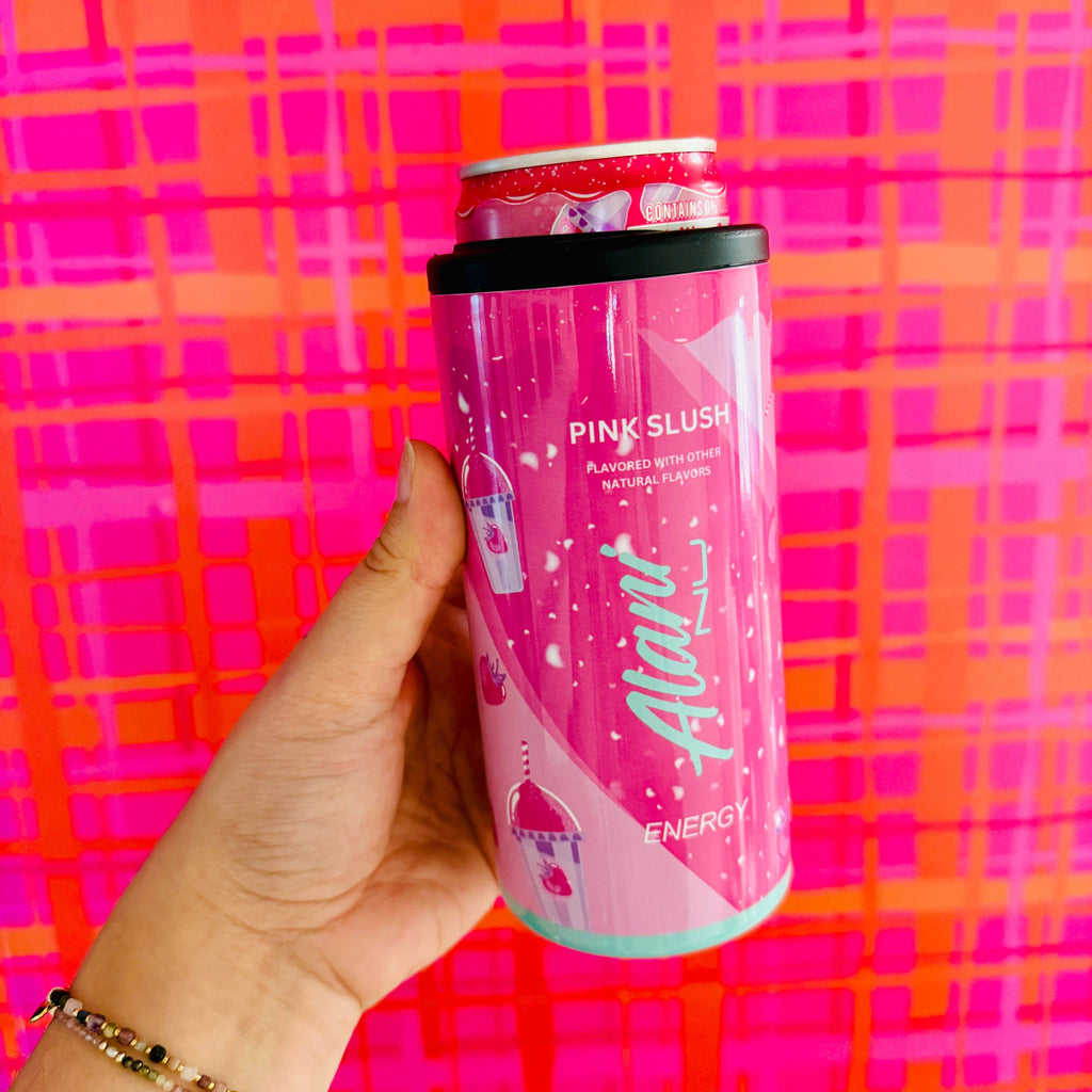 slim pink energy drink can cooler