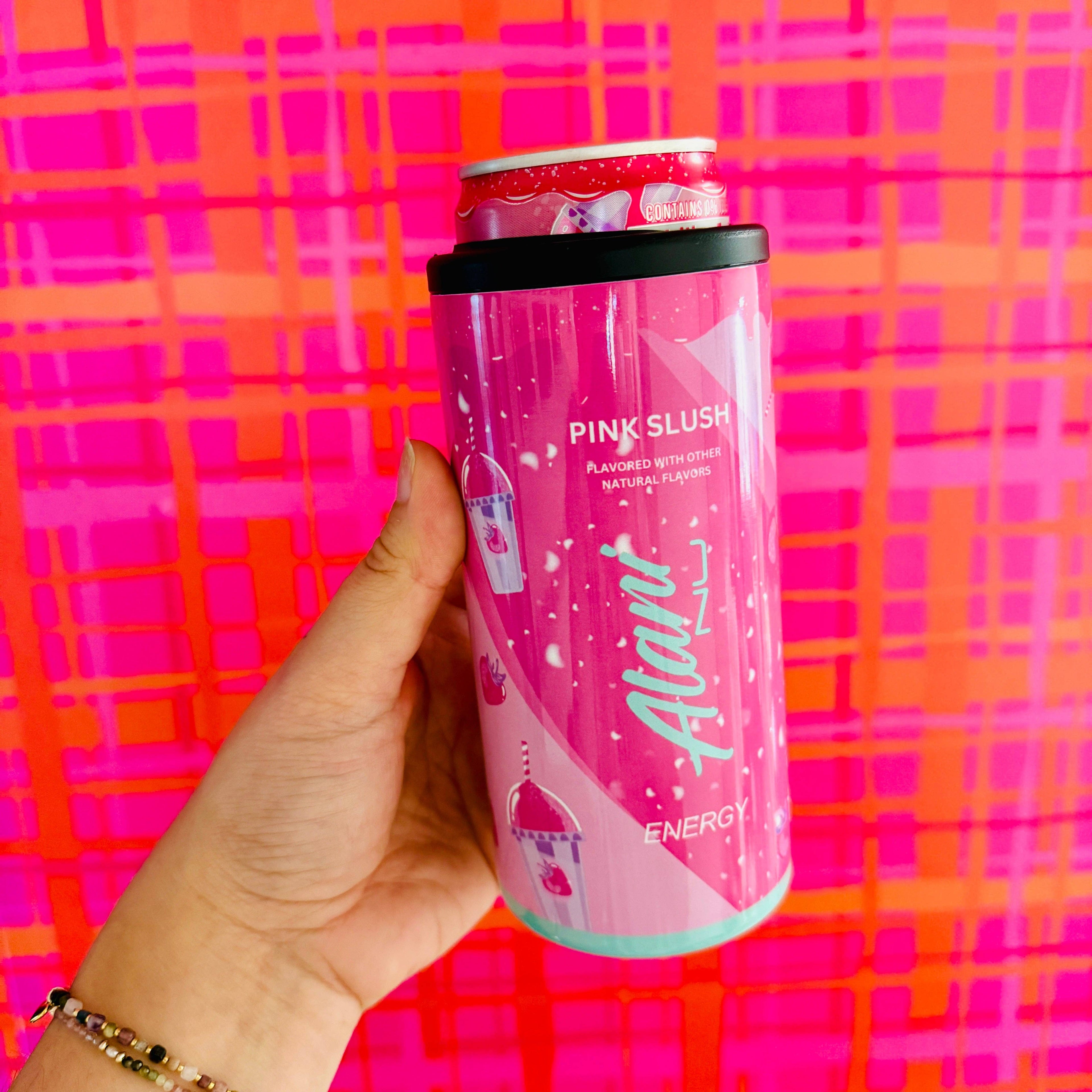 slim pink energy drink can cooler
