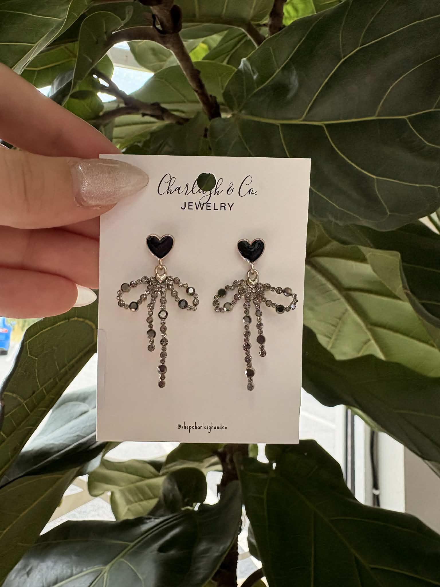 Dangling Rhinestone Bow Earrings