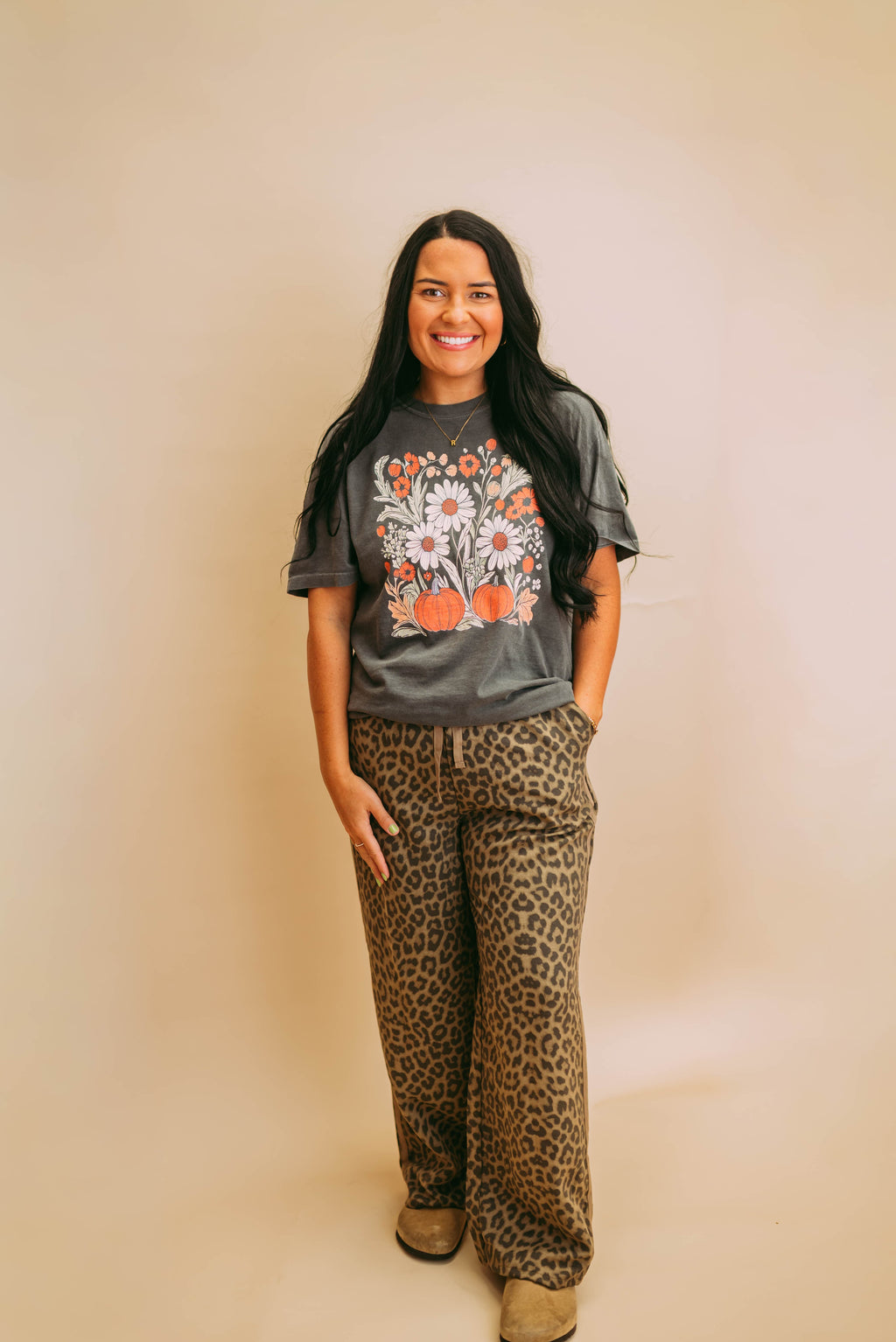 leopard printed cotton twill tape detail pants