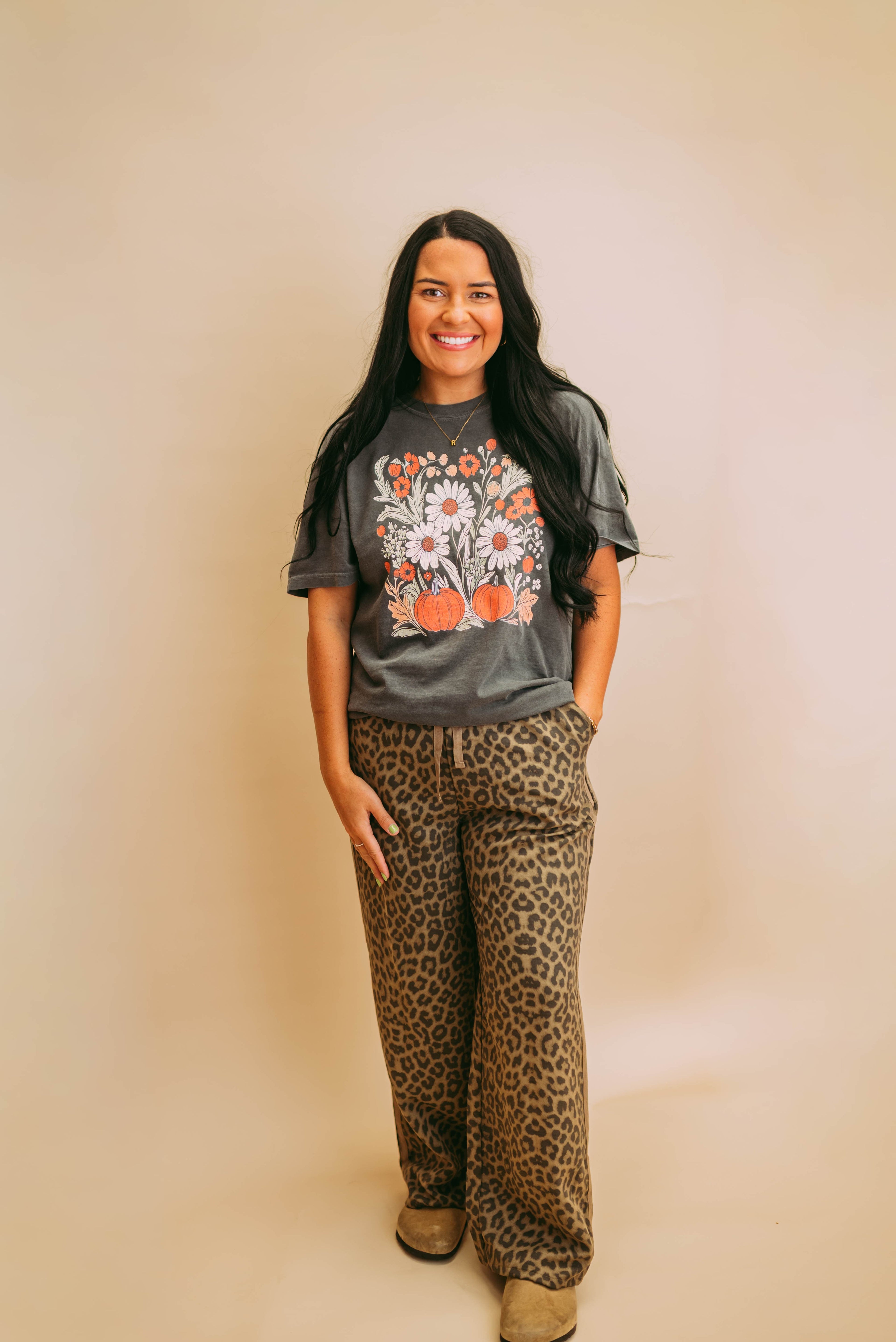 leopard printed cotton twill tape detail pants