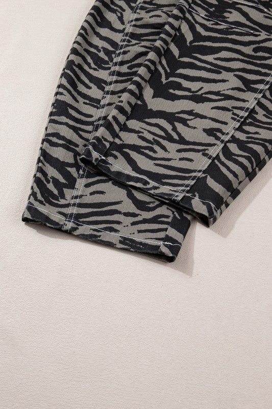 gray zebra denim flares