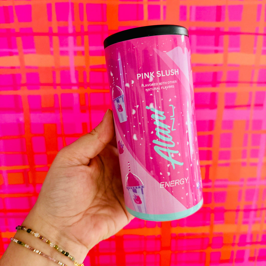 slim pink energy drink can cooler