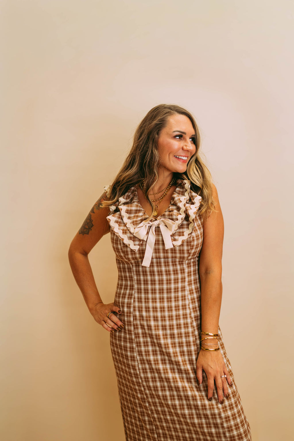 autumn harvest ruffled plaid body slimming slit midi dress