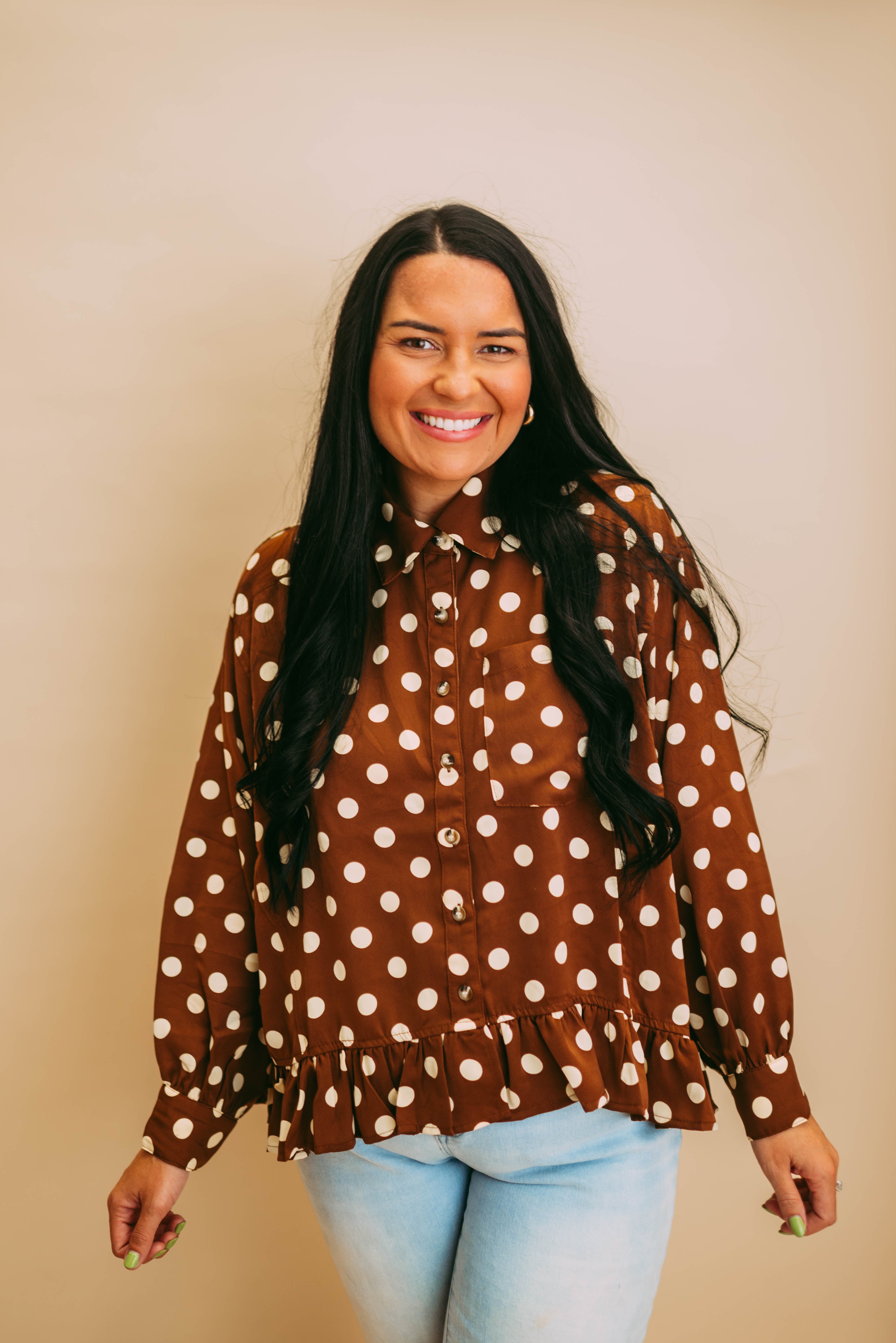 collared button down polka dot peplum top