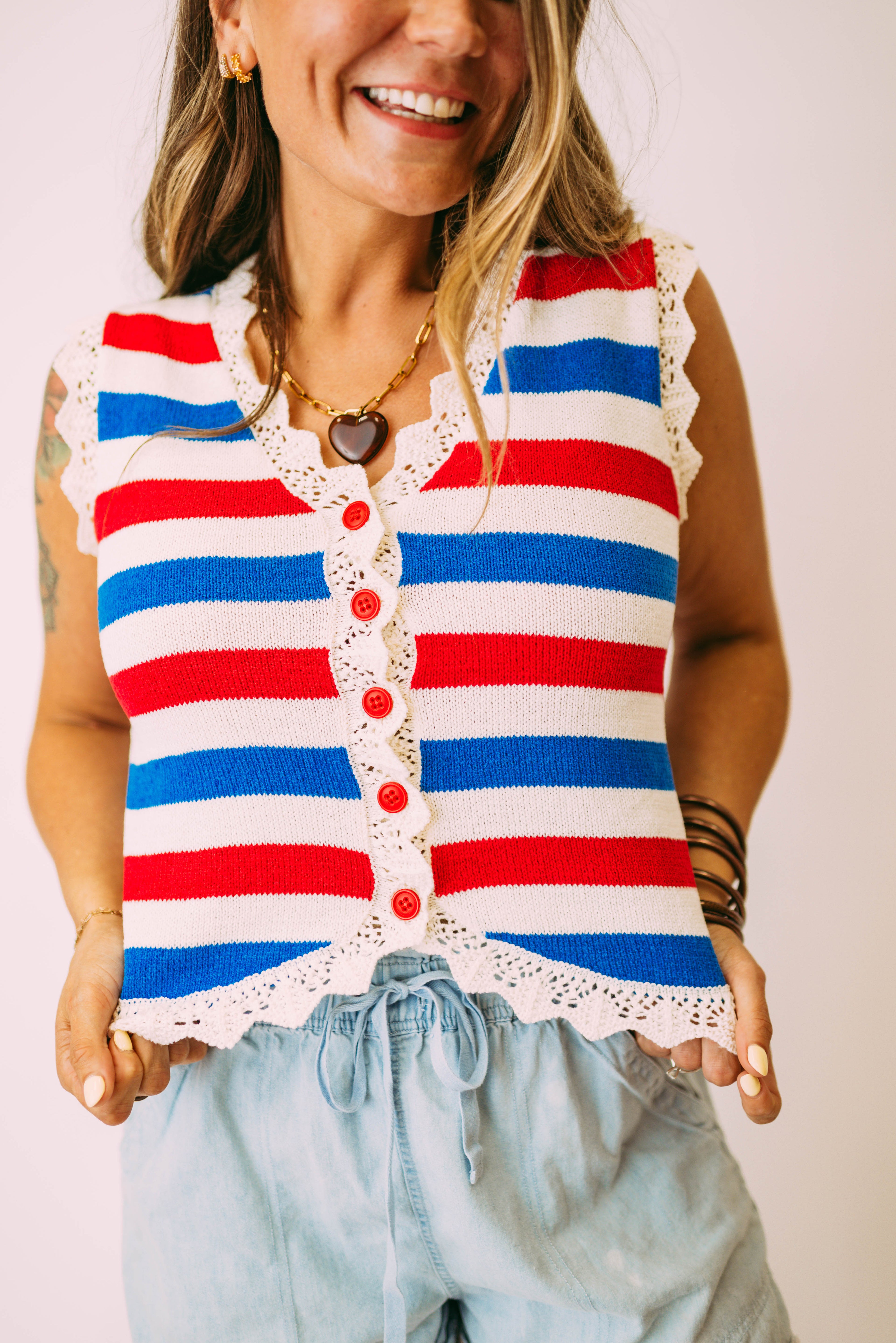 american scalloped button down vest