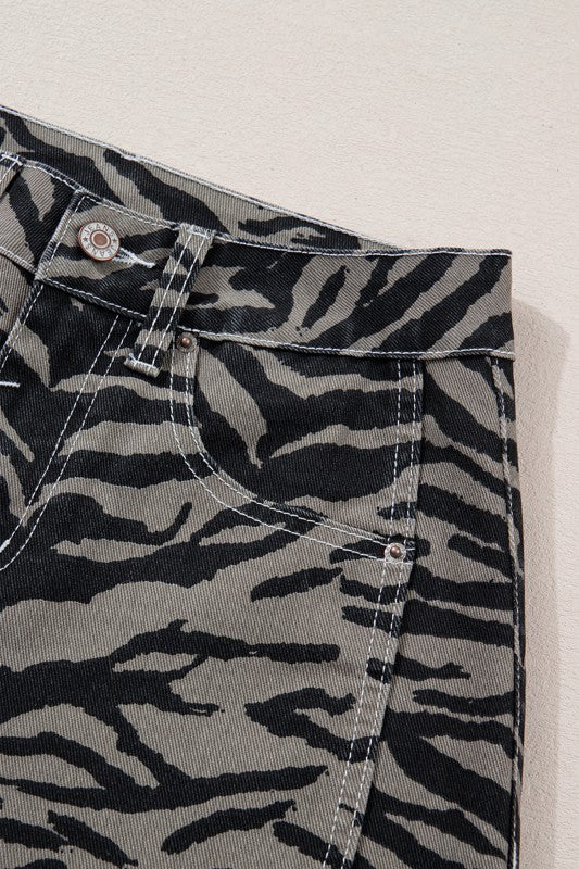 gray zebra denim flares