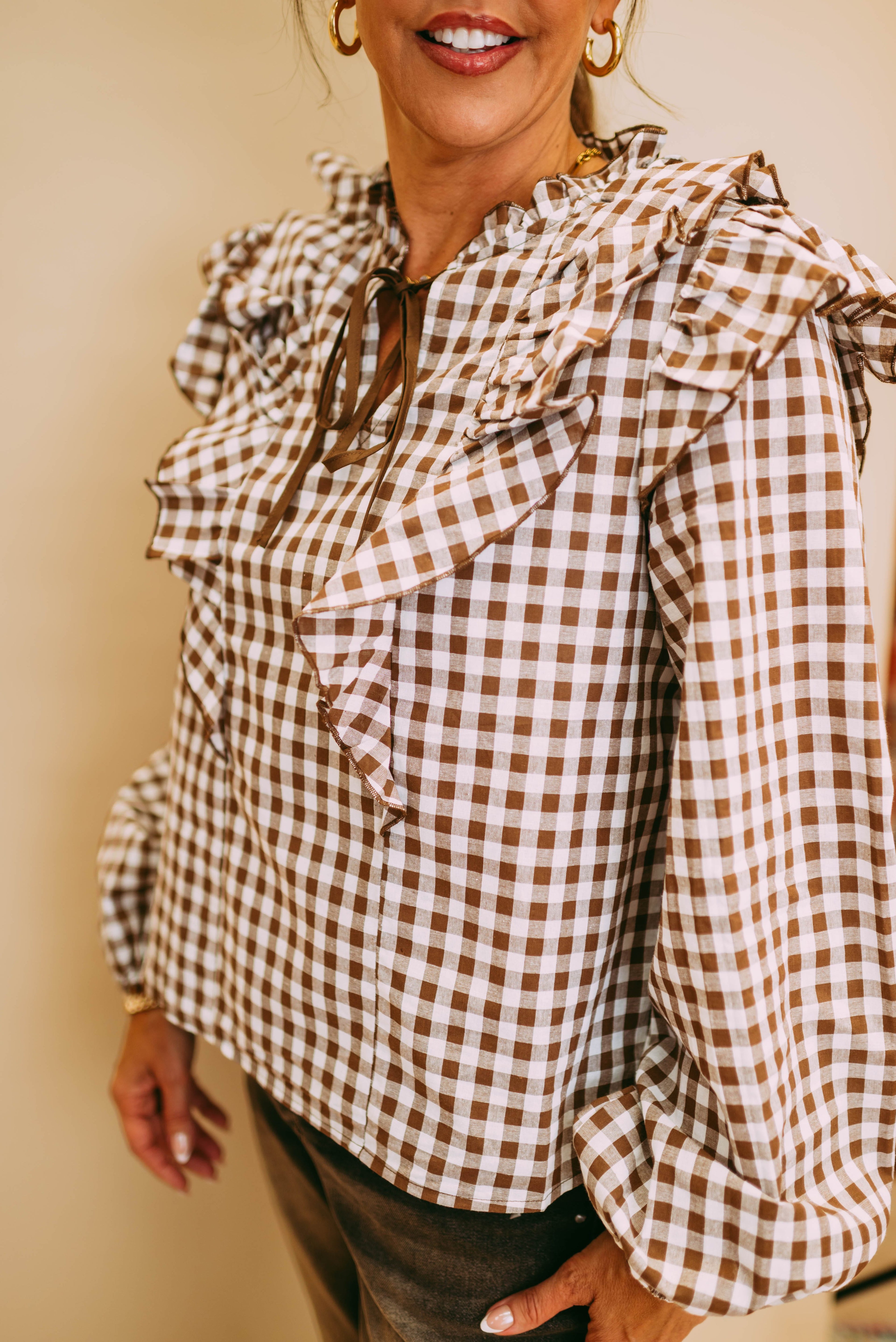 gingham ruffled collar tie blouse