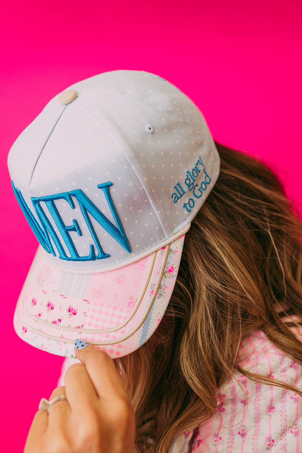 amen embroidered patchwork trucker