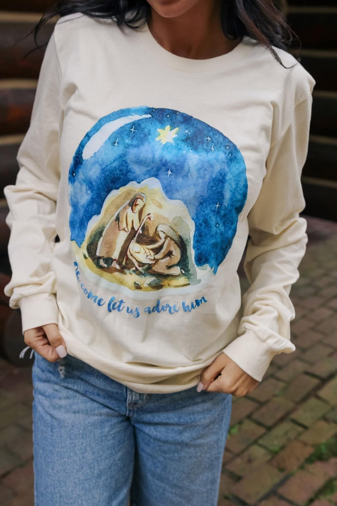 “Oh Come Let Us Adore Him” long sleeve shirt