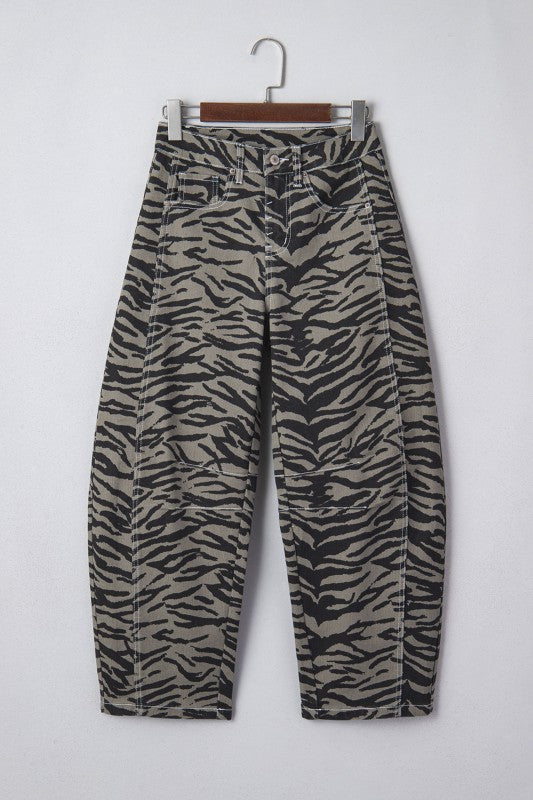 gray zebra denim flares