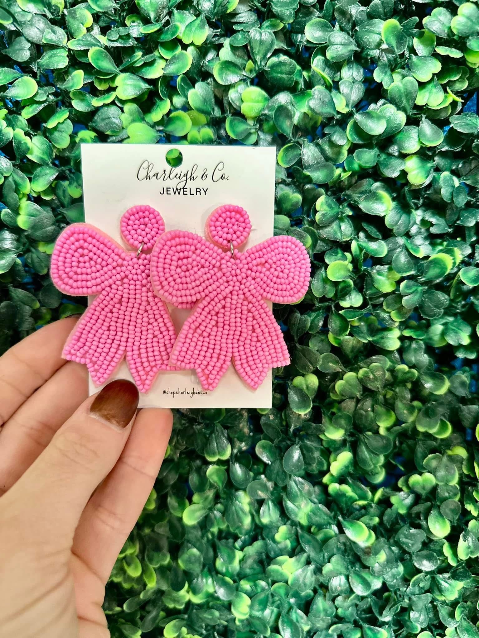 Pink Beaded Bow Earrings