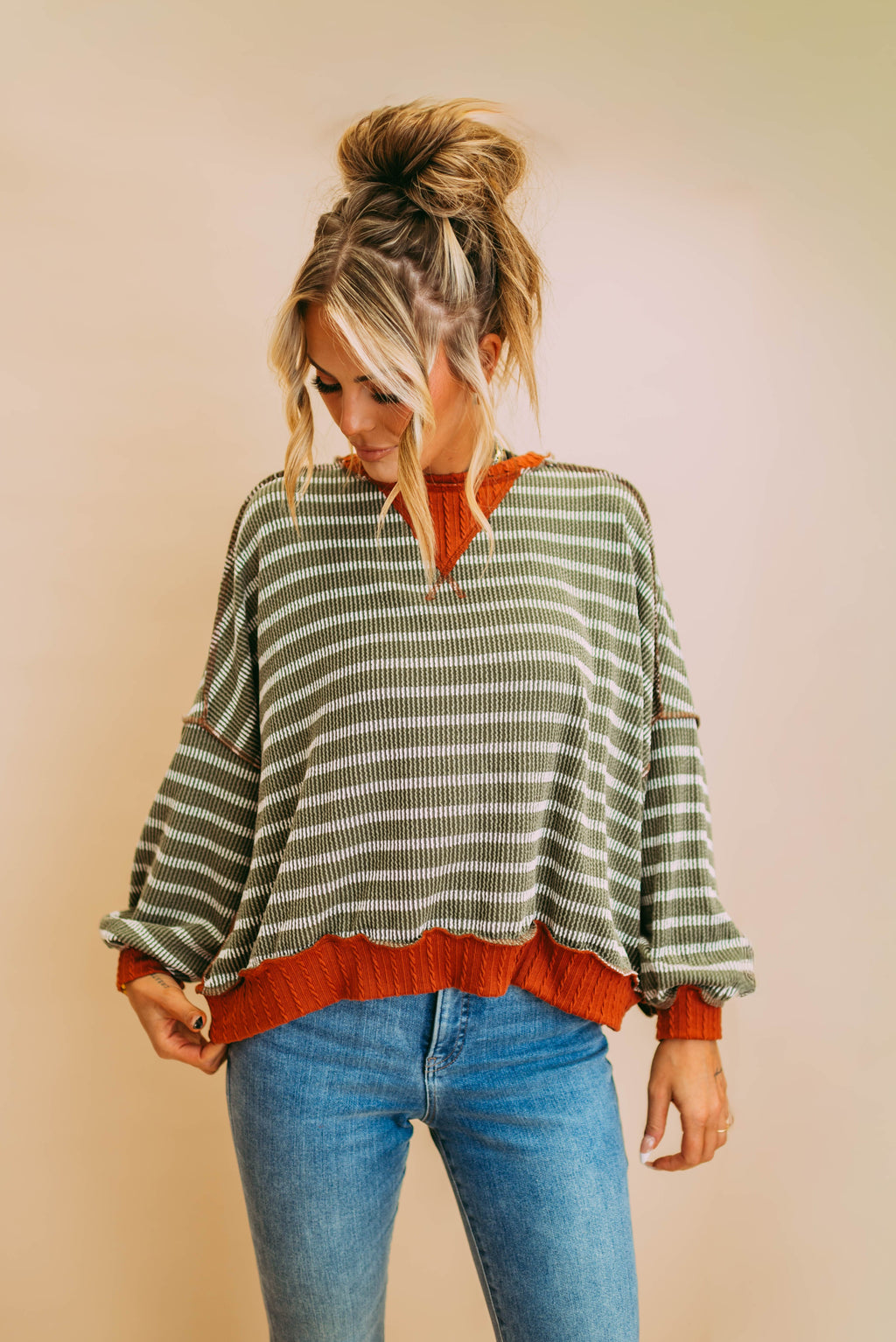olive/rust stripe pullover knit top