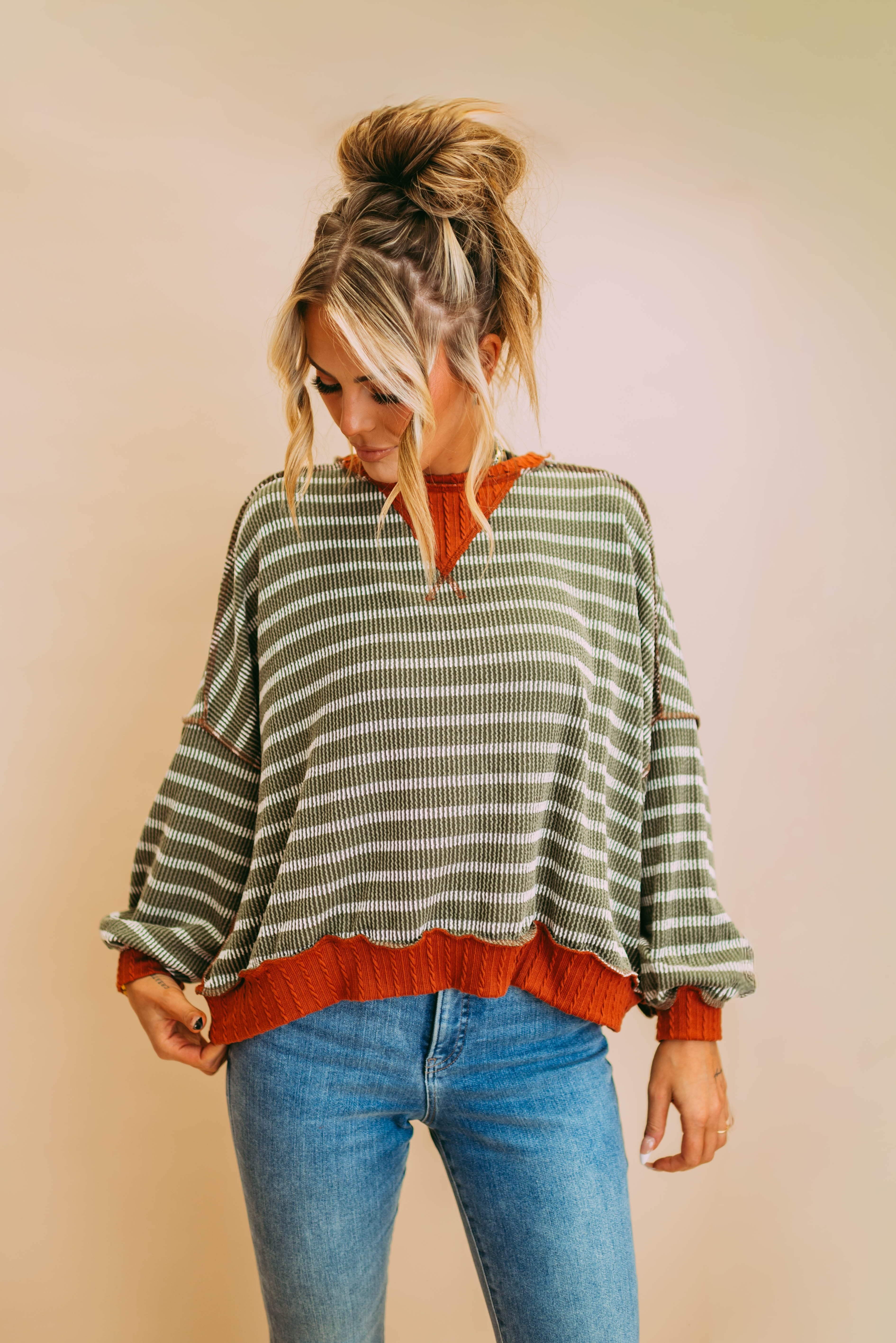 olive/rust stripe pullover knit top