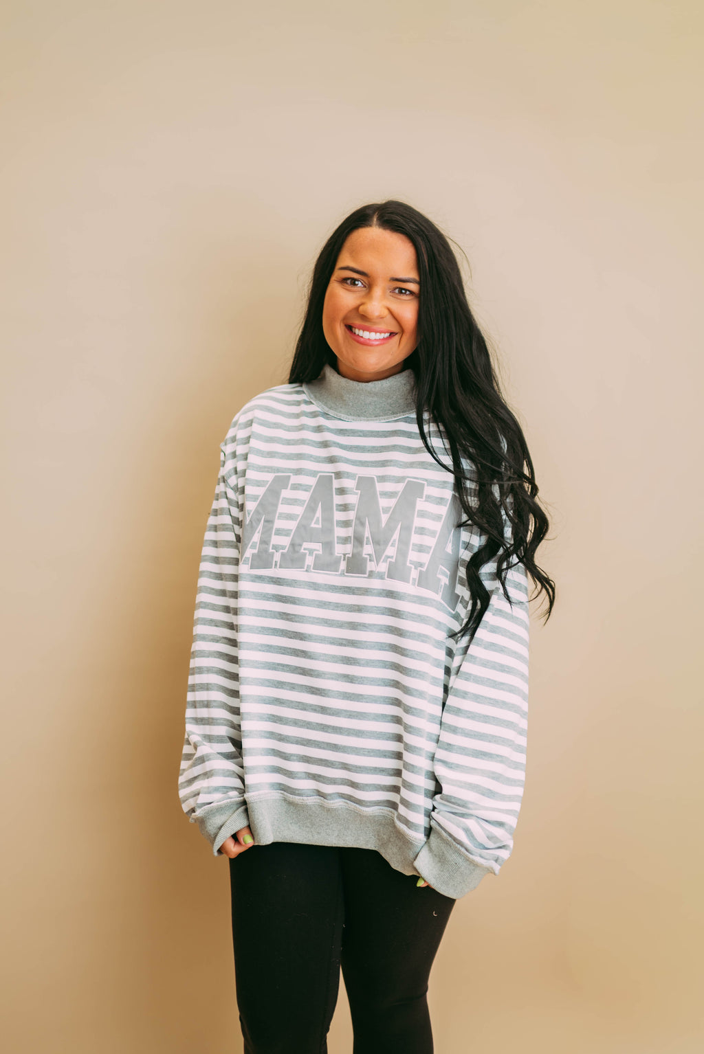 mama embroidered appliqué striped mockneck
