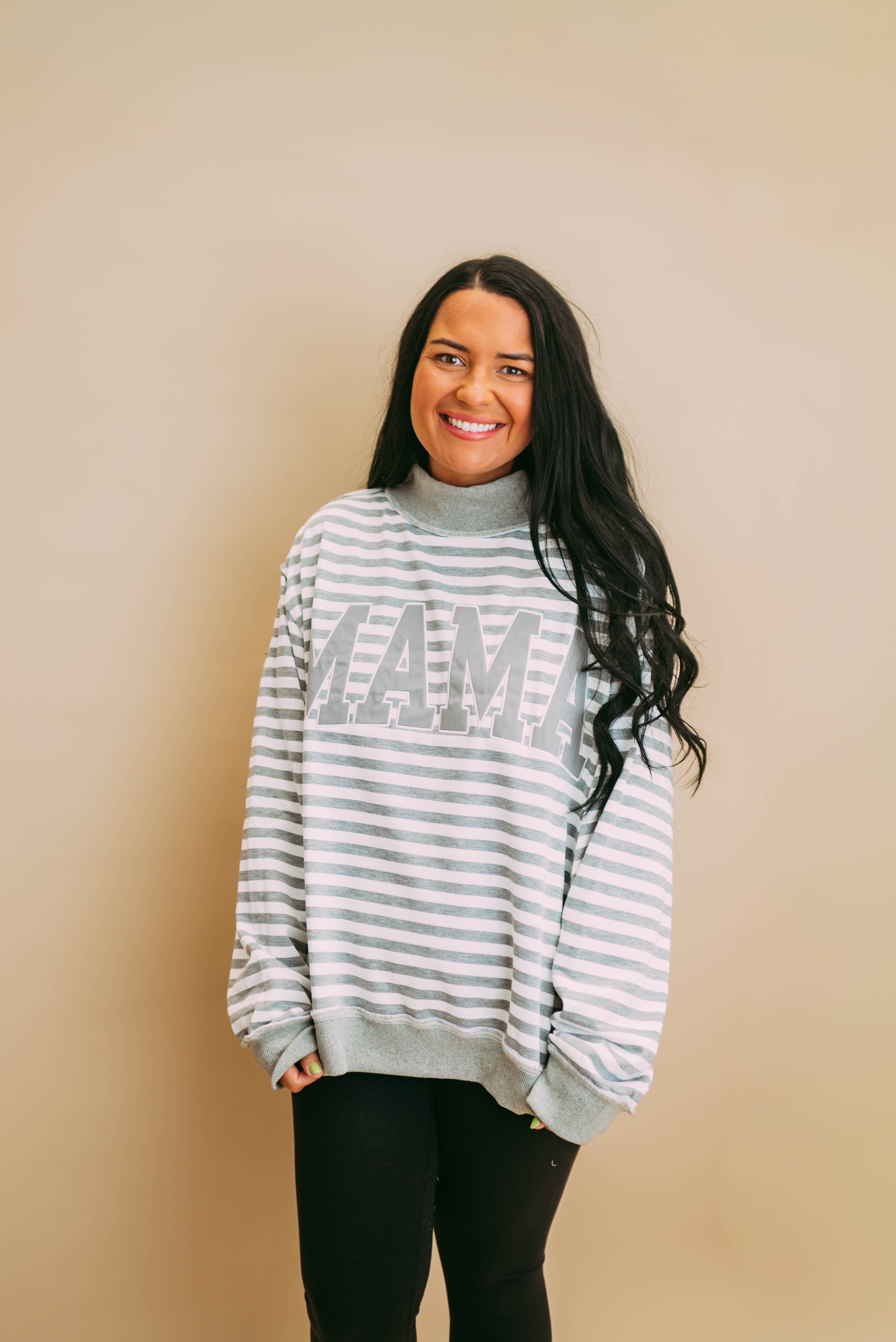 mama embroidered appliqué striped mockneck
