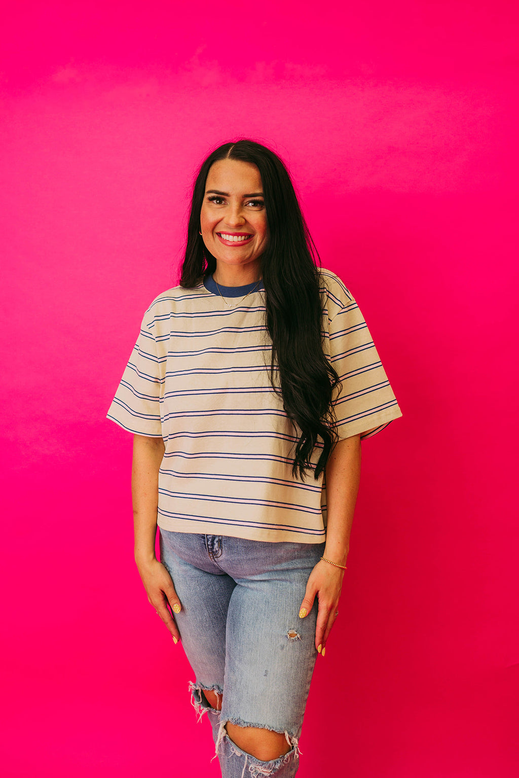 ivory & blue striped cropped tee