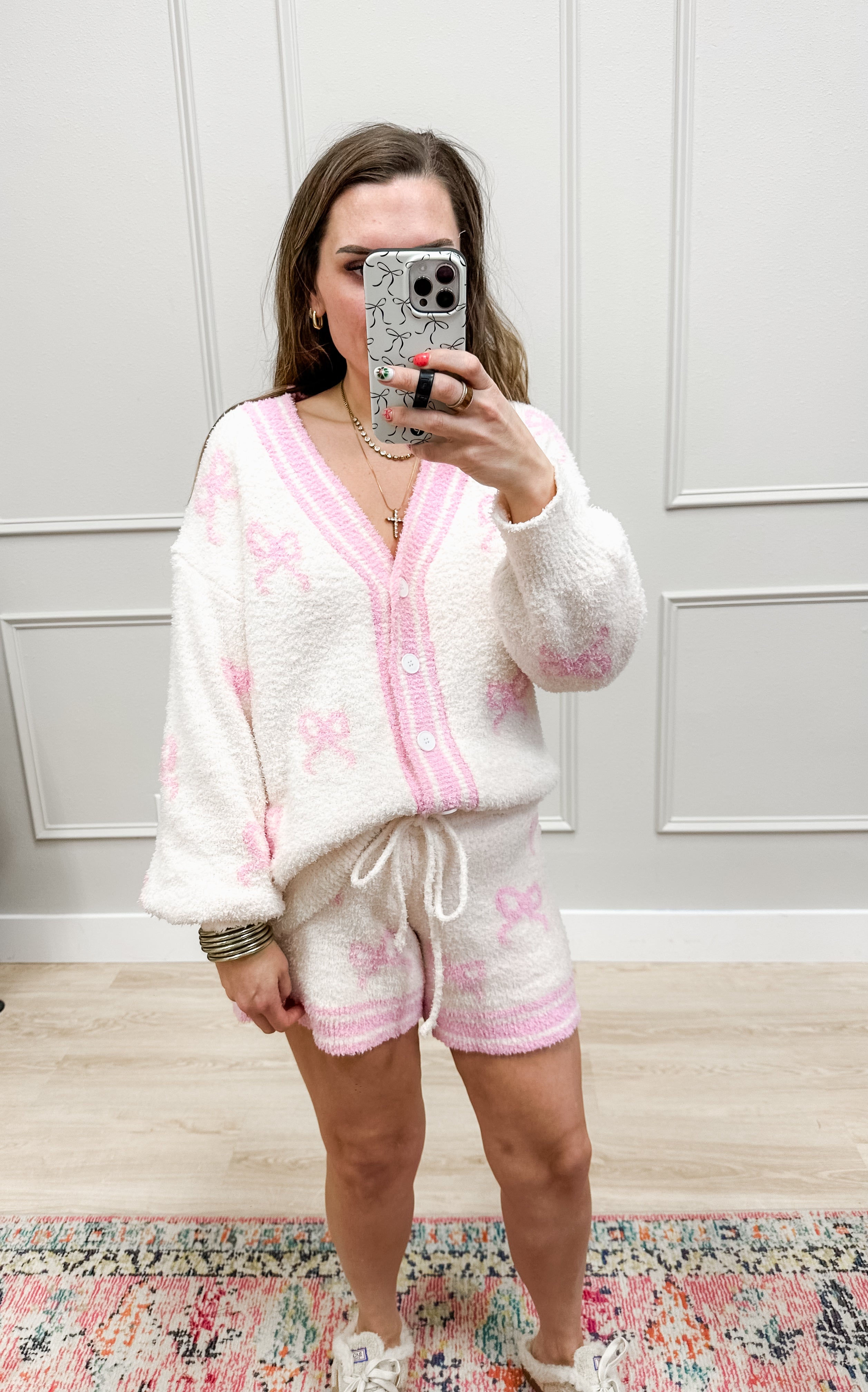 Soft Yarn Bow Cardigan and Shorts Set