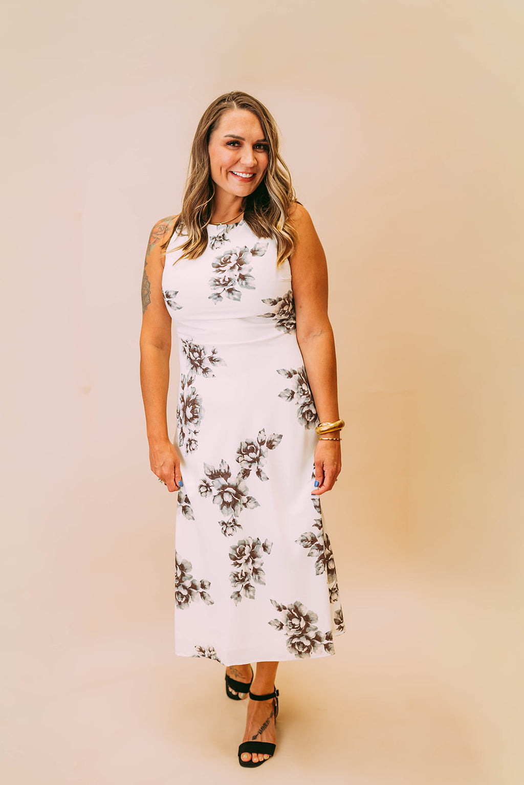sleeveless grey/cream floral midi bias dress