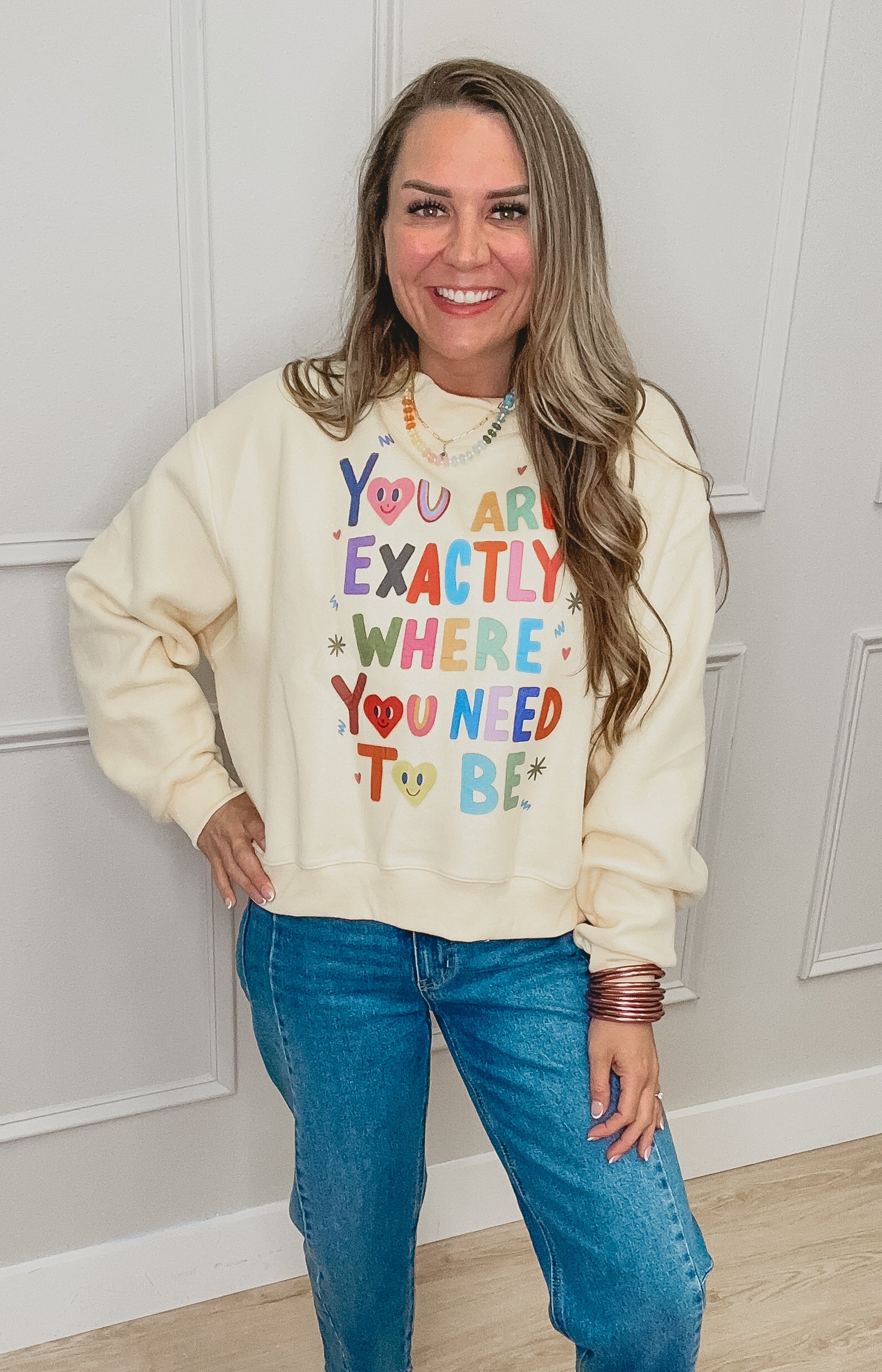 “life is good” / “ you are exactly where you need to be” reversible mockneck sweatshirt