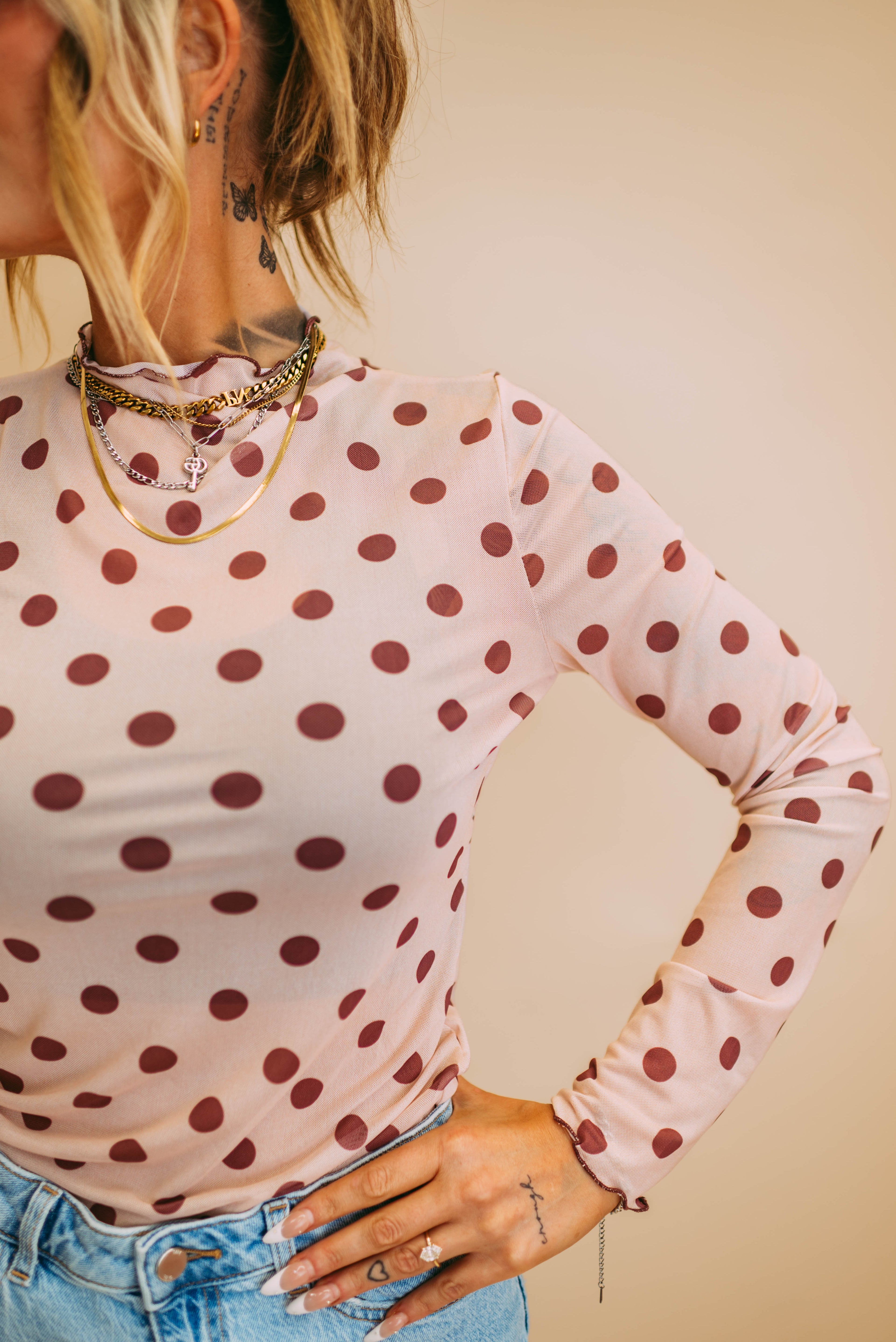 taupe polka dot mesh top
