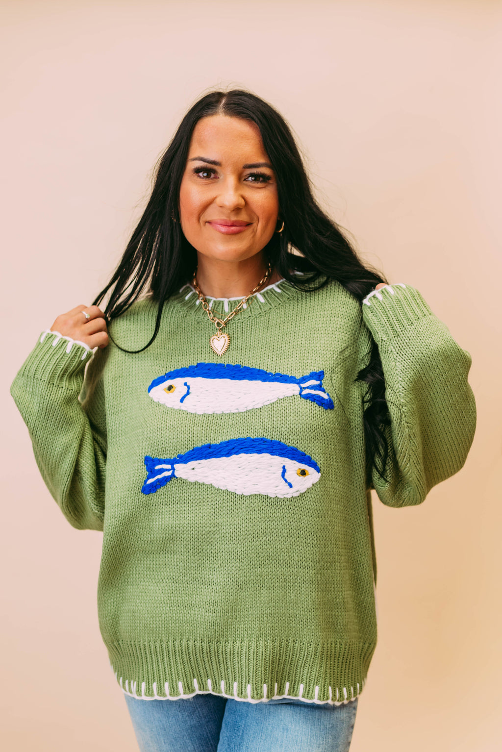 fish embroidered knit sweater
