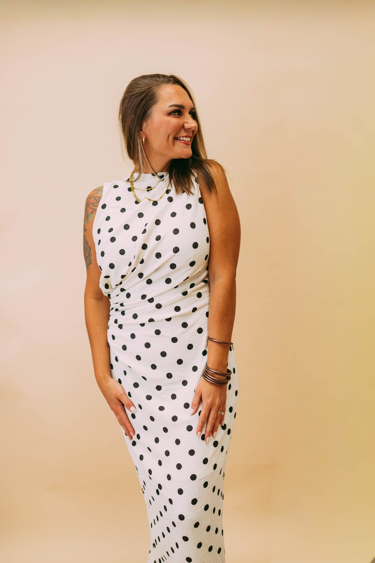 polka dot ruched midi dress