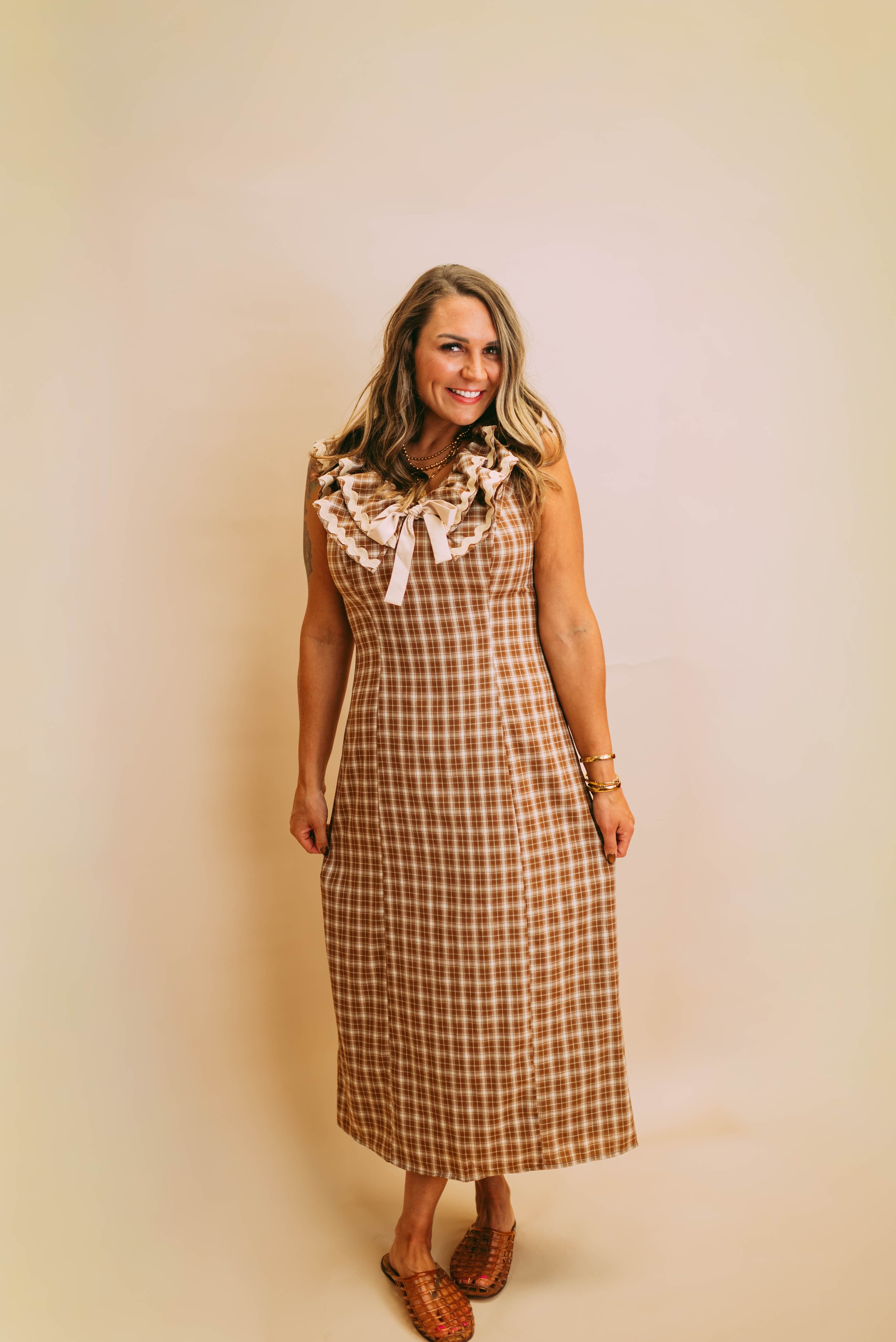autumn harvest ruffled plaid body slimming slit midi dress