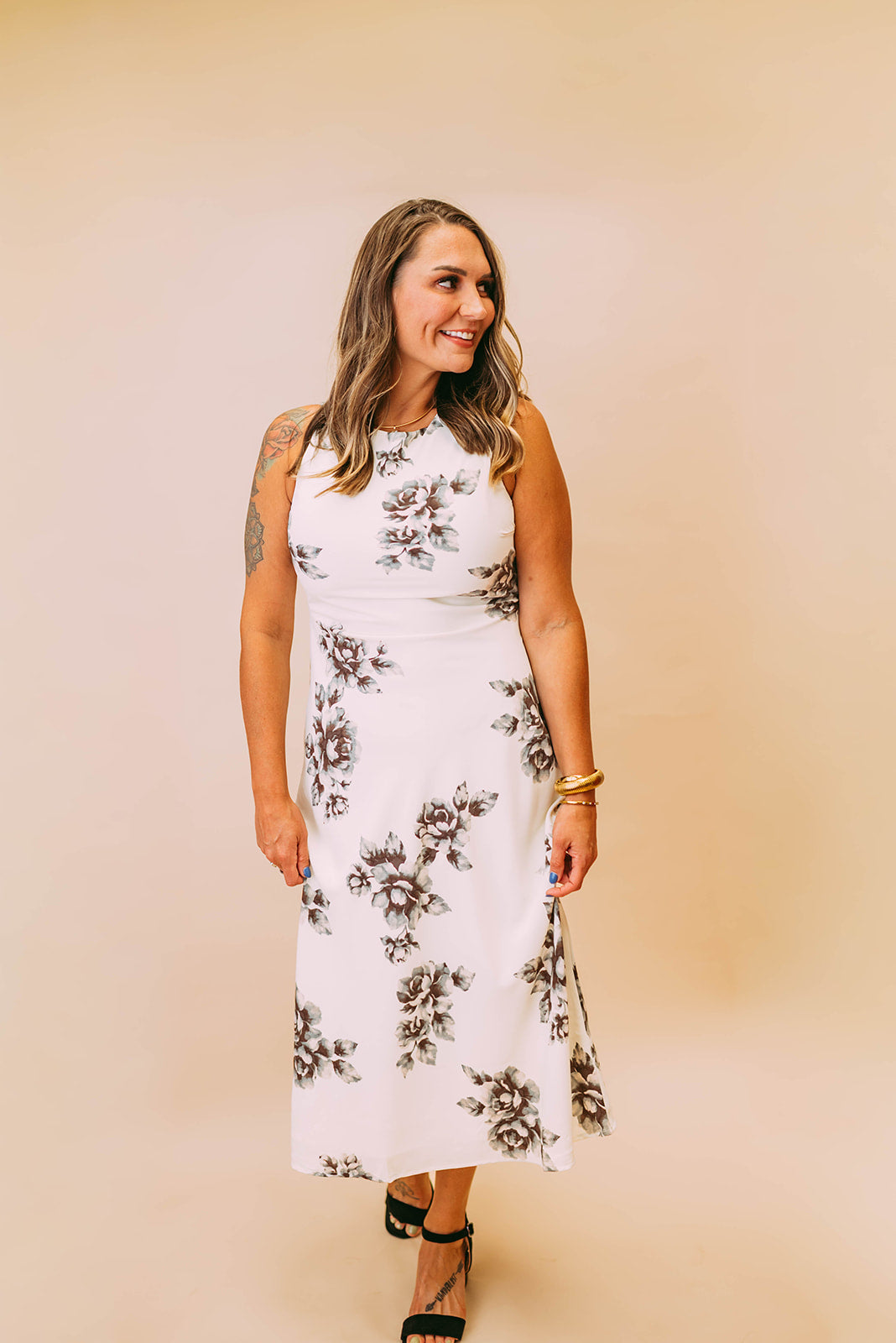 sleeveless grey/cream floral midi bias dress