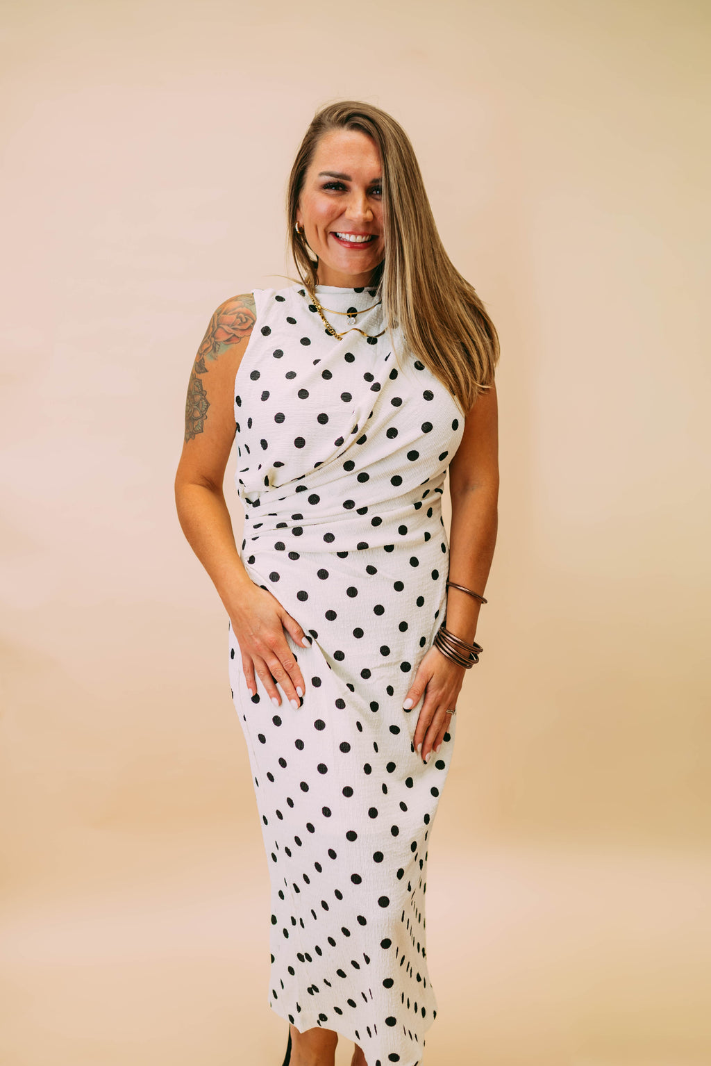 polka dot ruched midi dress