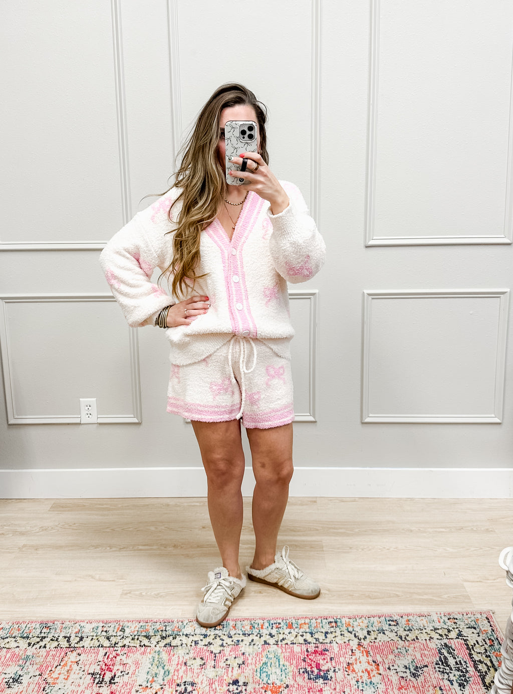 Soft Yarn Bow Cardigan and Shorts Set