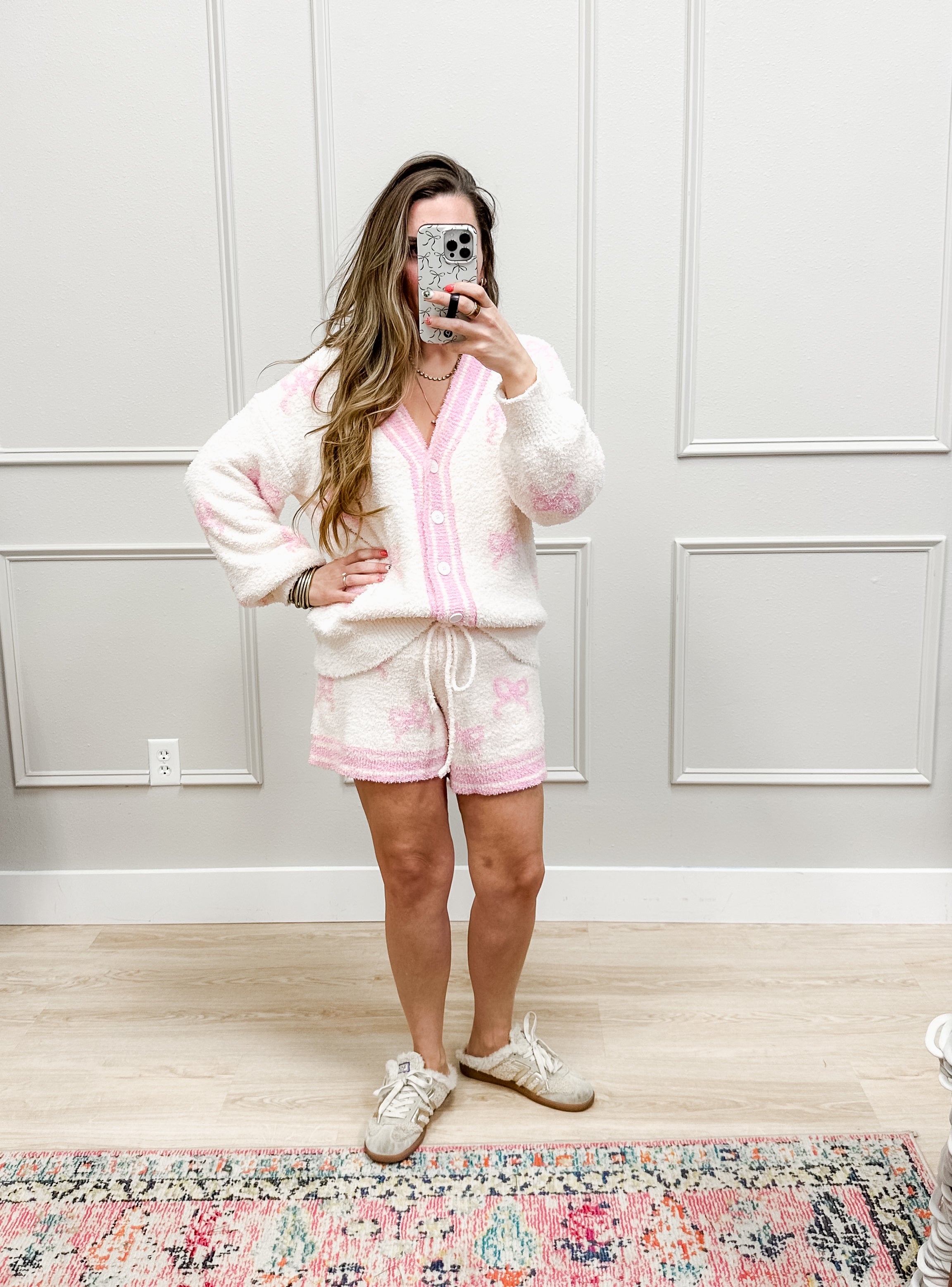 Soft Yarn Bow Cardigan and Shorts Set