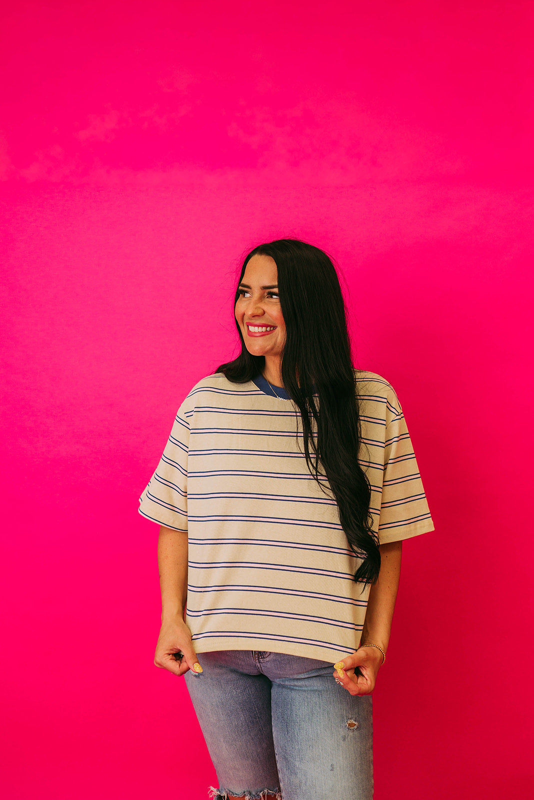 ivory & blue striped cropped tee