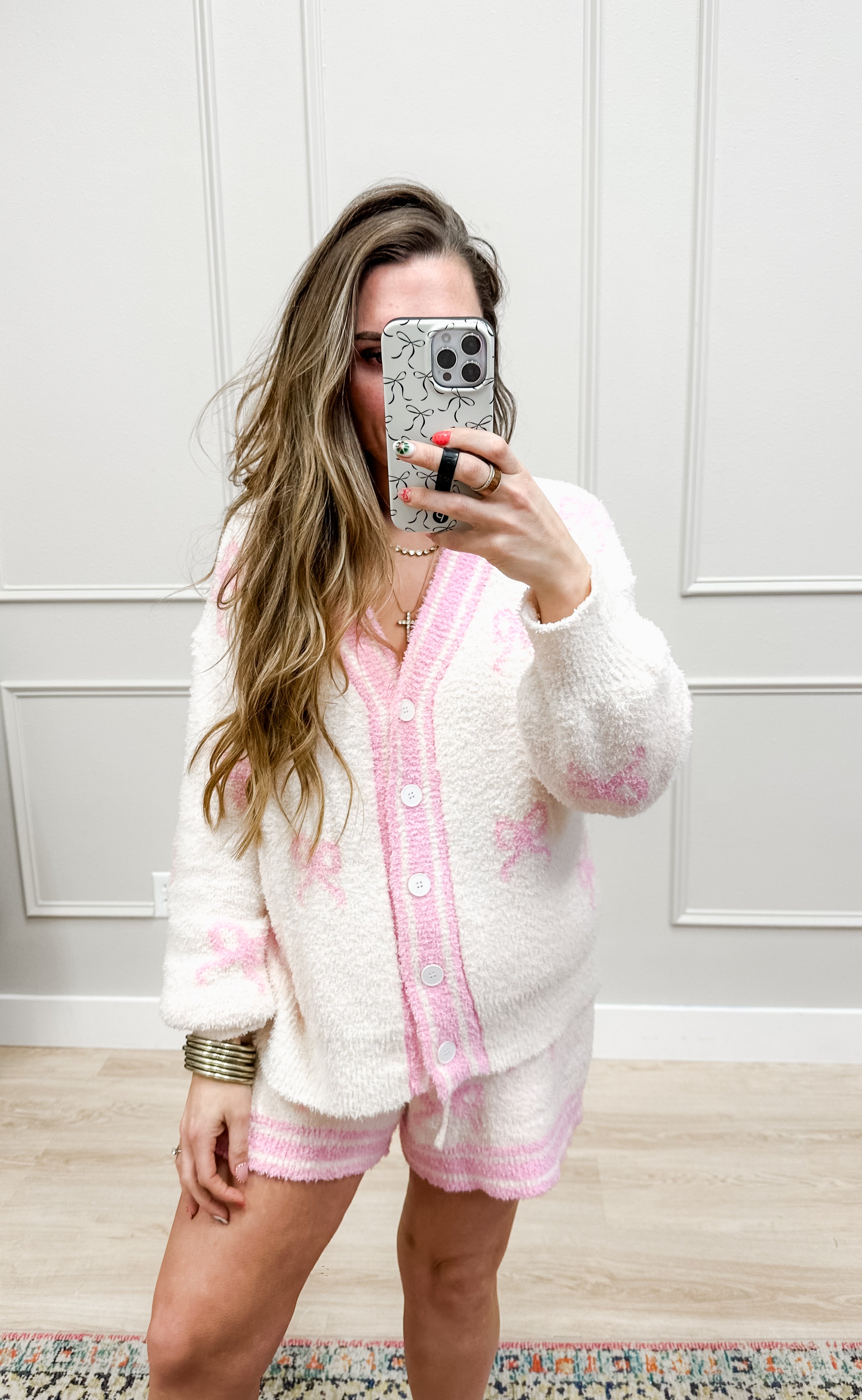 Soft Yarn Bow Cardigan and Shorts Set