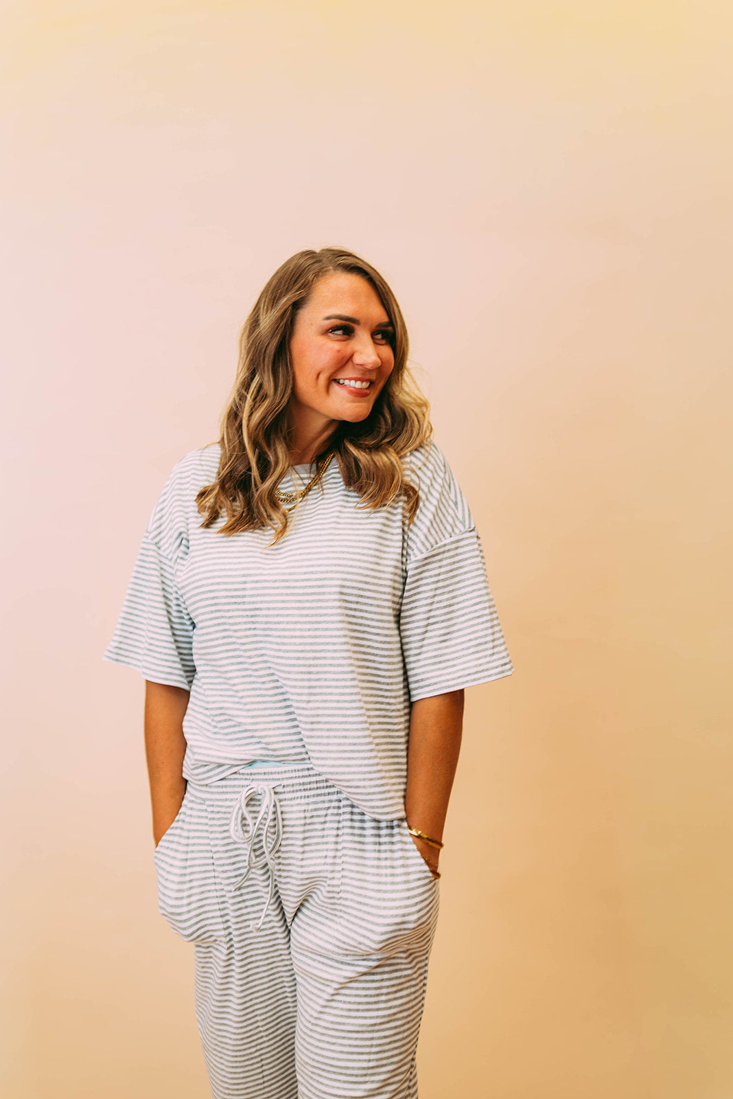 heather grey/white striped knit set