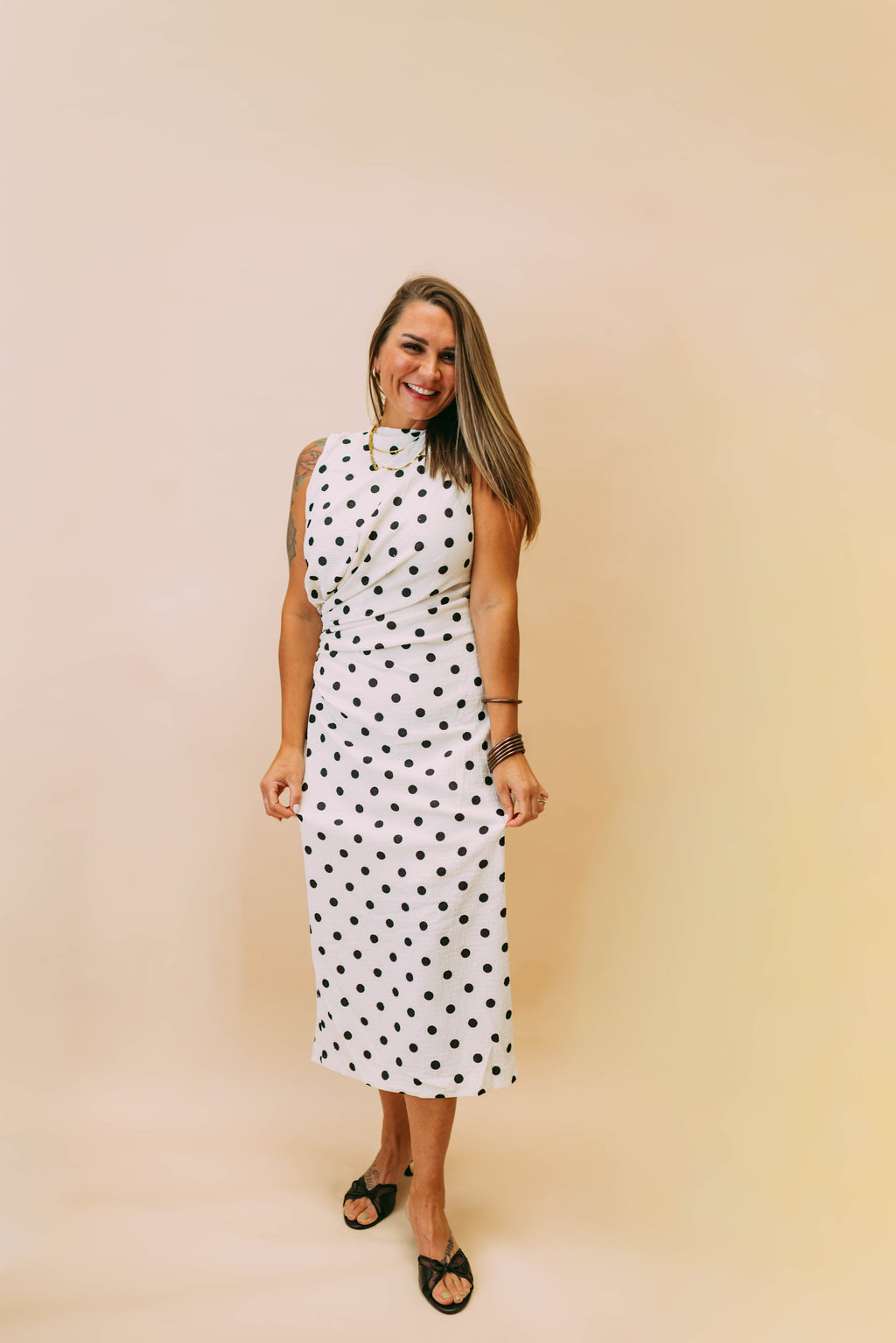 polka dot ruched midi dress