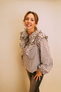 gingham ruffled collar tie blouse