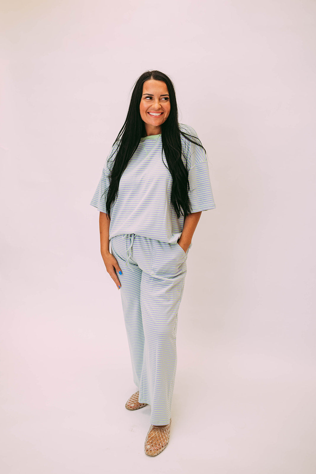 striped knit pants sets
