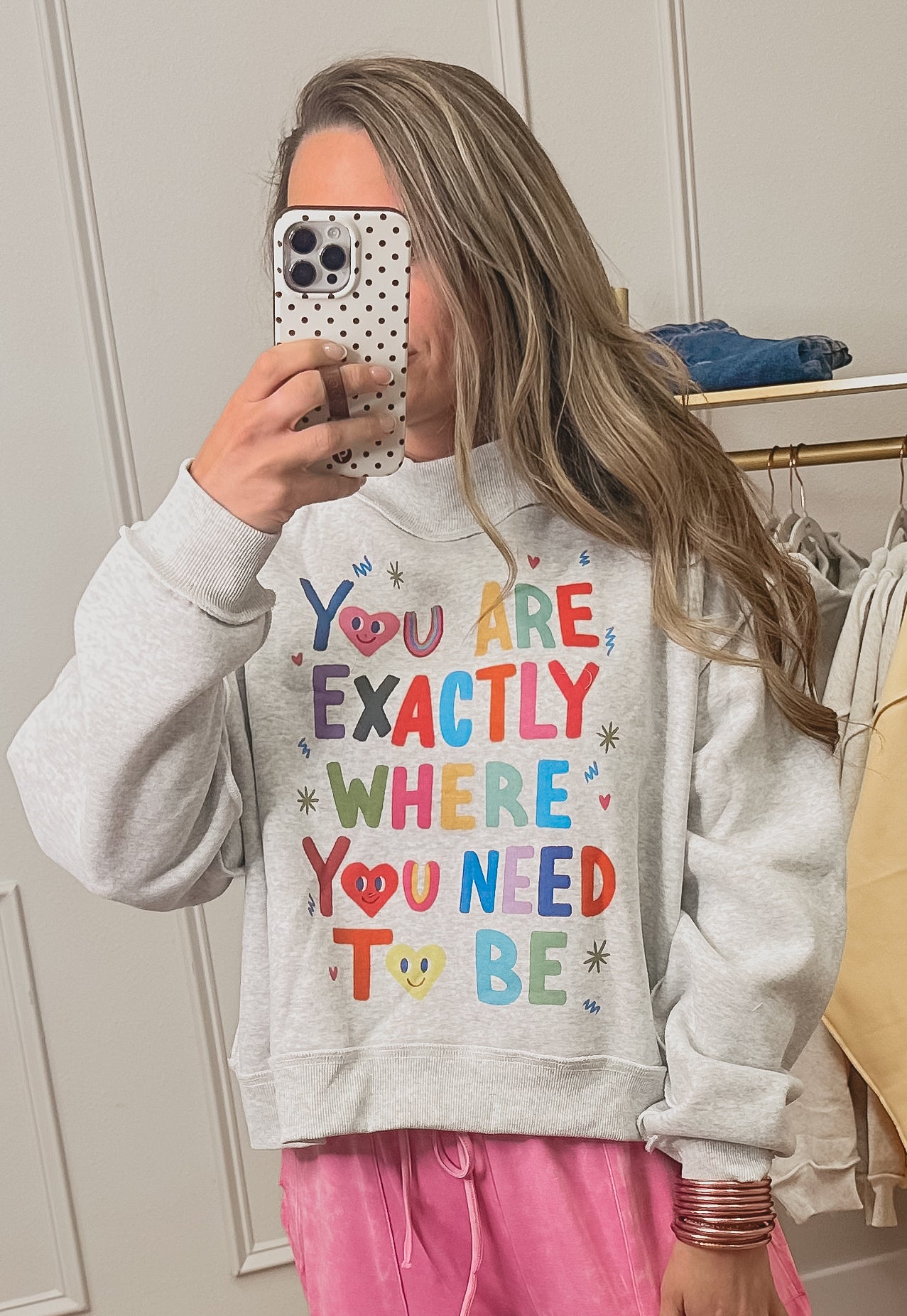 “life is good” / “ you are exactly where you need to be” reversible mockneck sweatshirt
