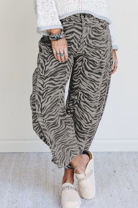 gray zebra denim flares