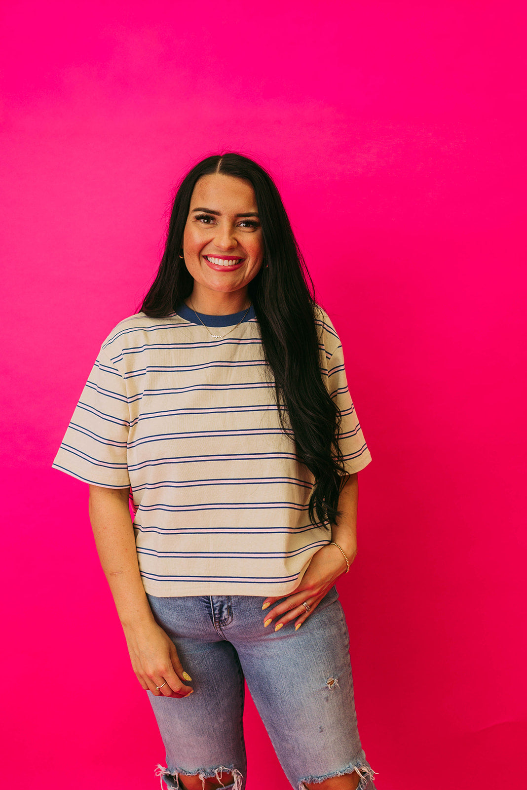 ivory & blue striped cropped tee