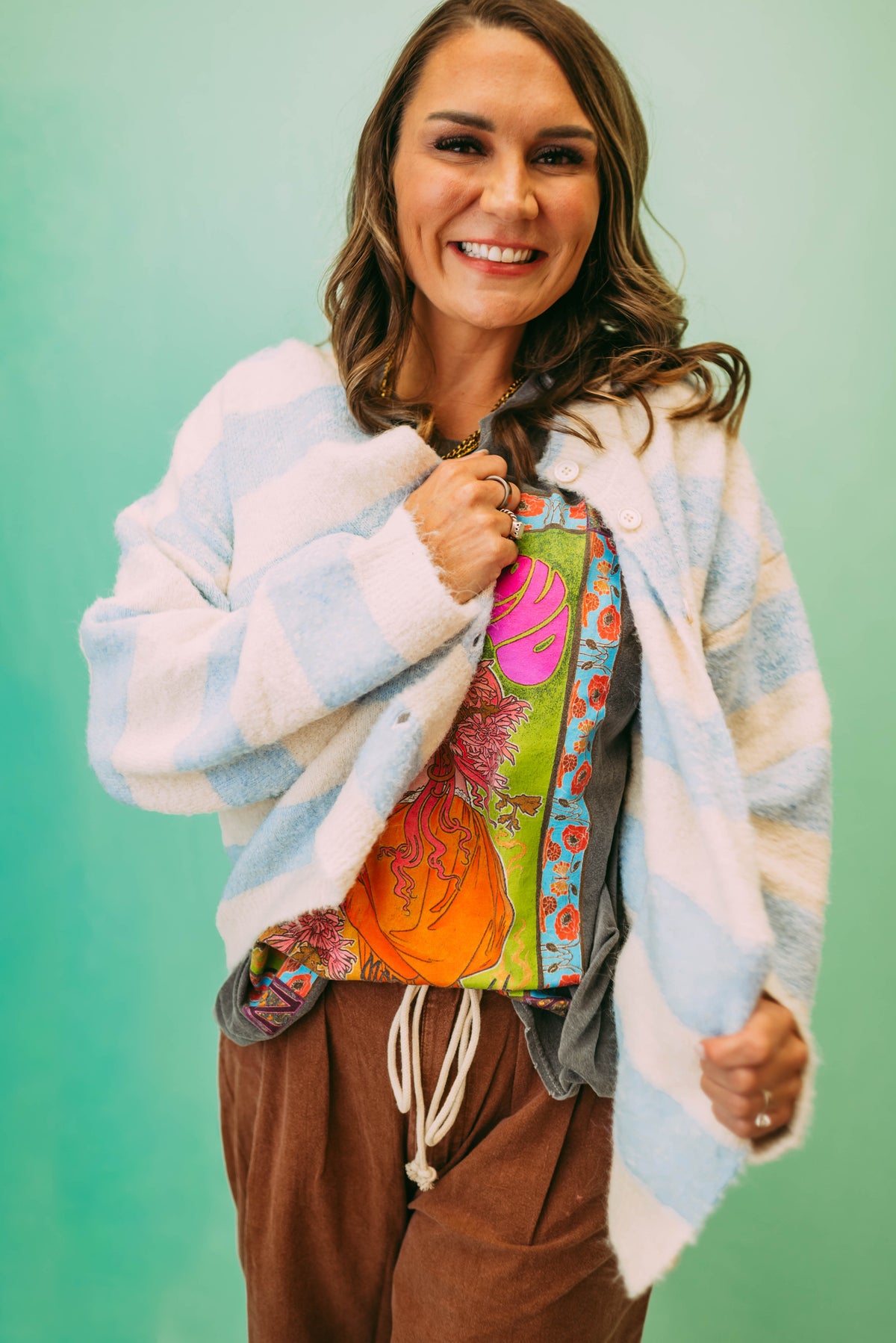 high neck stripe cardigan