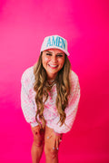 amen embroidered patchwork trucker