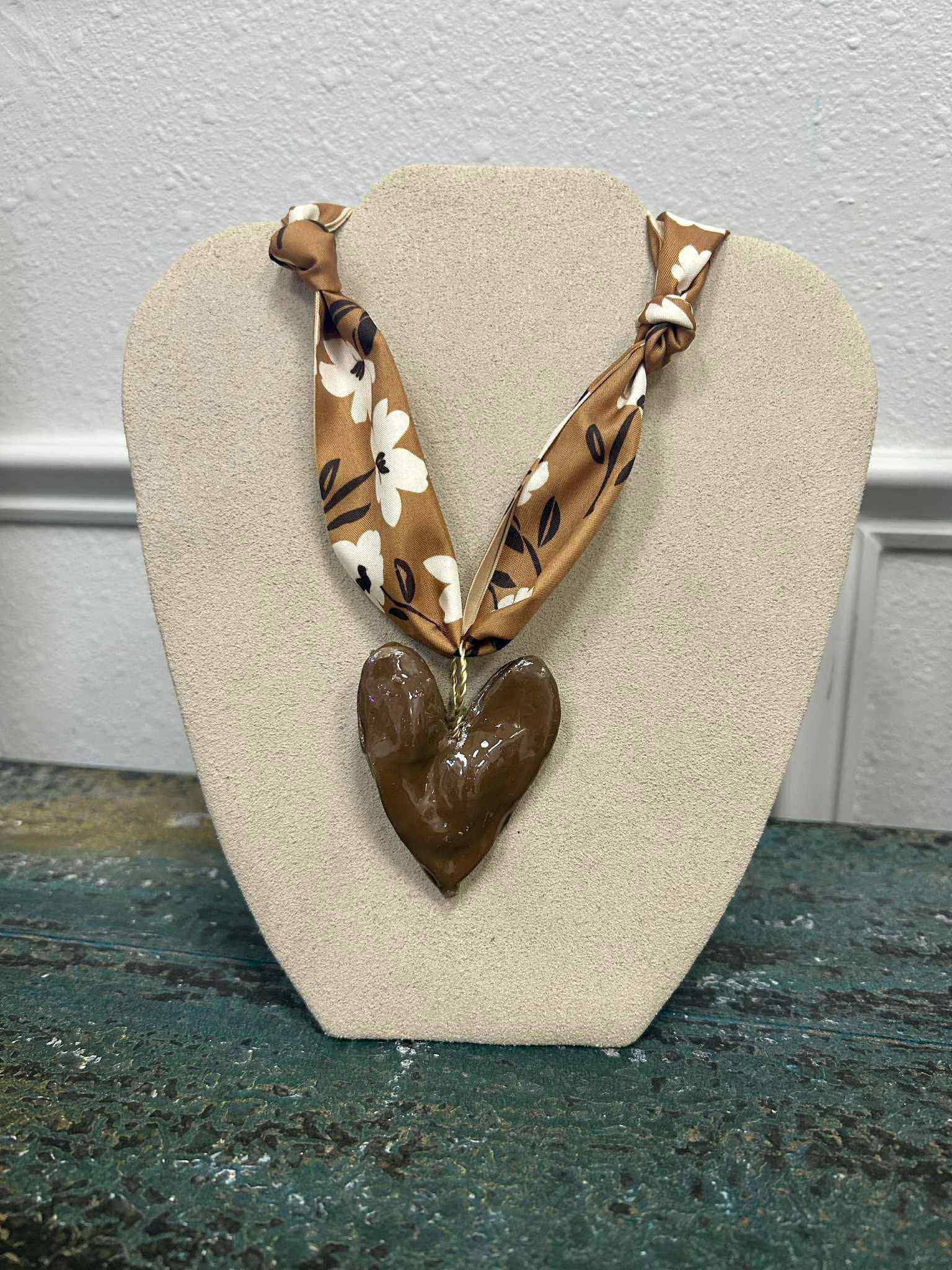 Brown Satin Scarf Necklace with Heart Charm