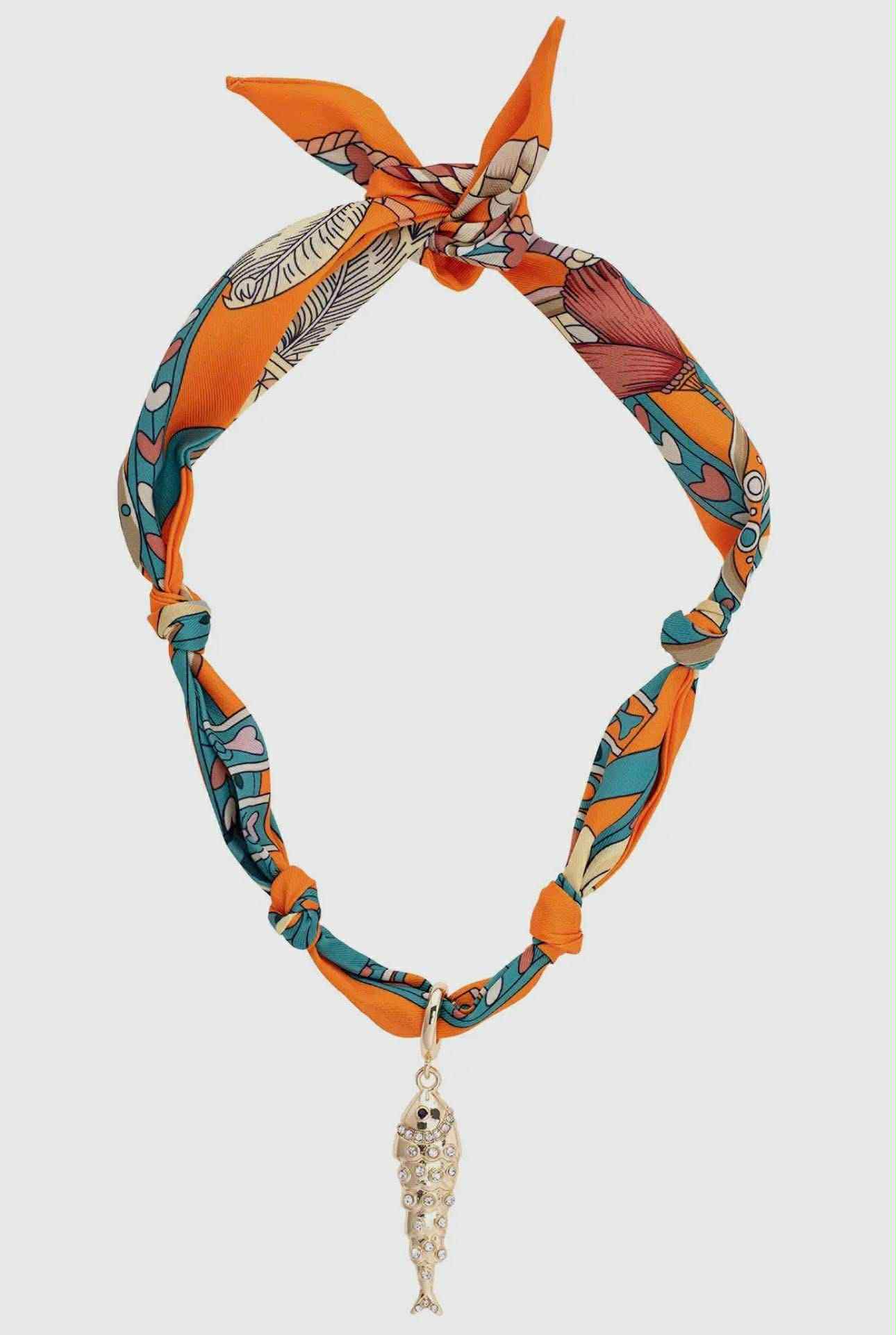 Orange Scarf Necklace with Fish Charm