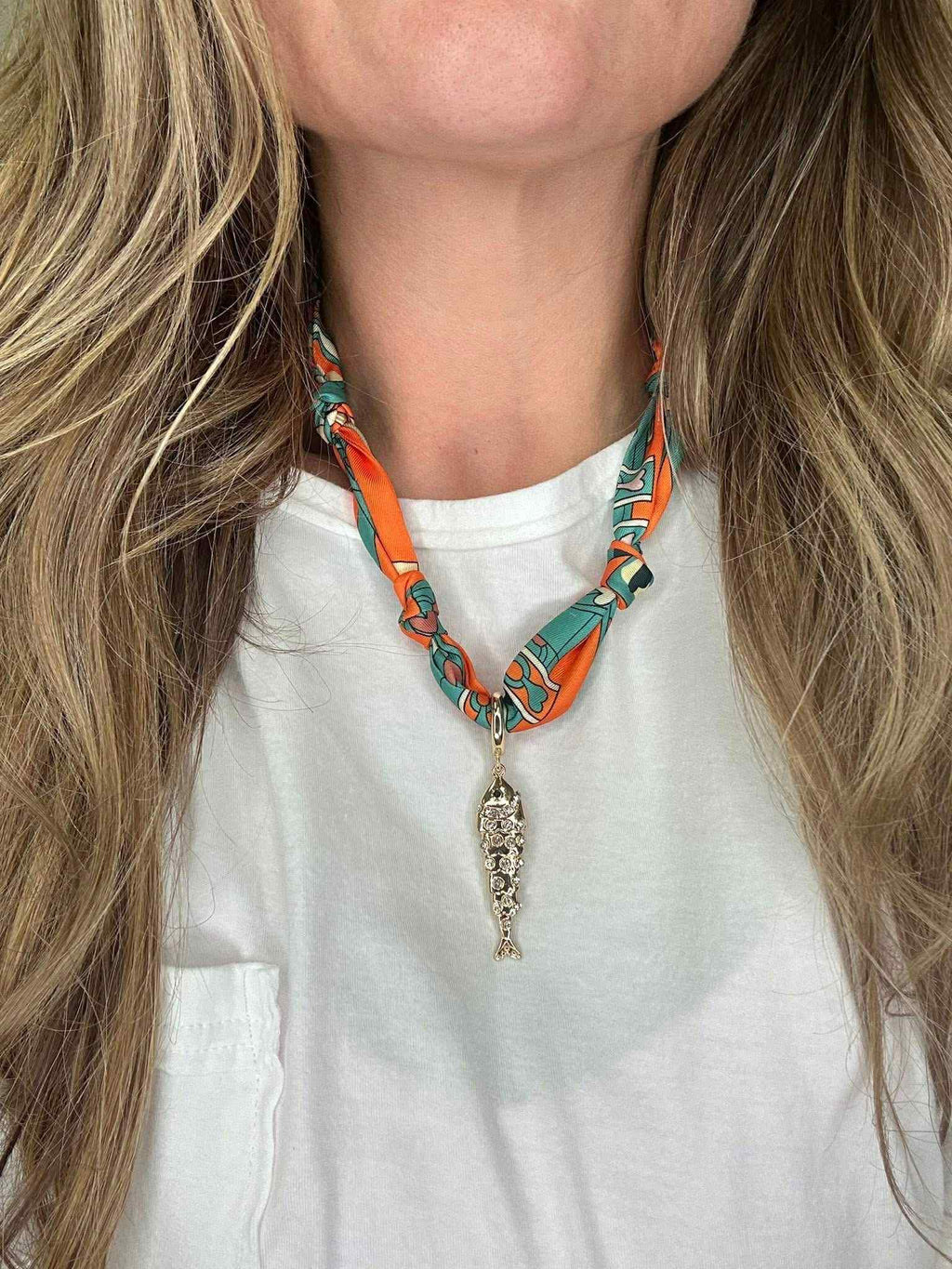 Orange Scarf Necklace with Fish Charm