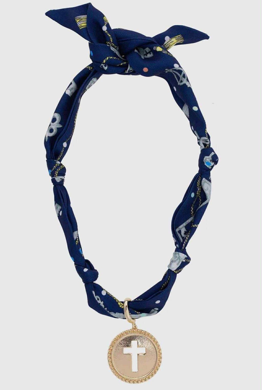 Blue Scarf Necklace with Cross Charm