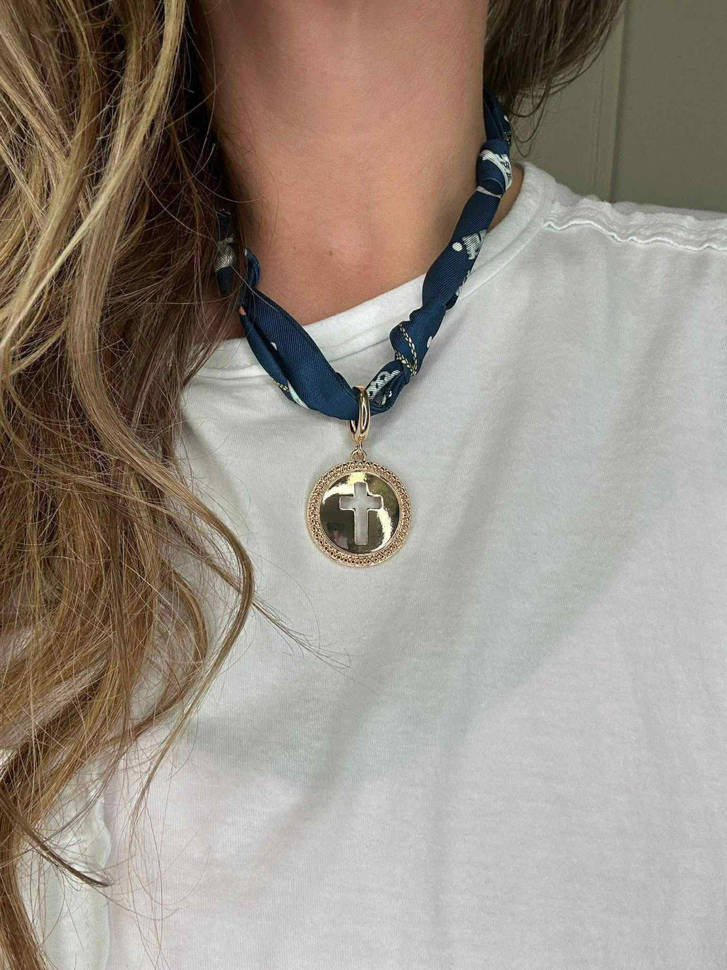 Blue Scarf Necklace with Cross Charm